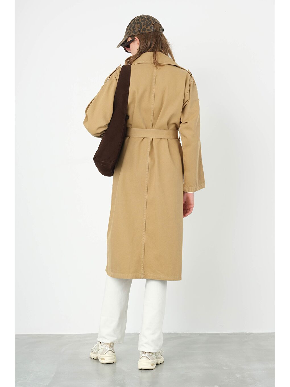 Kahverengi Denim Trençkot Uzun Açık Camel-3