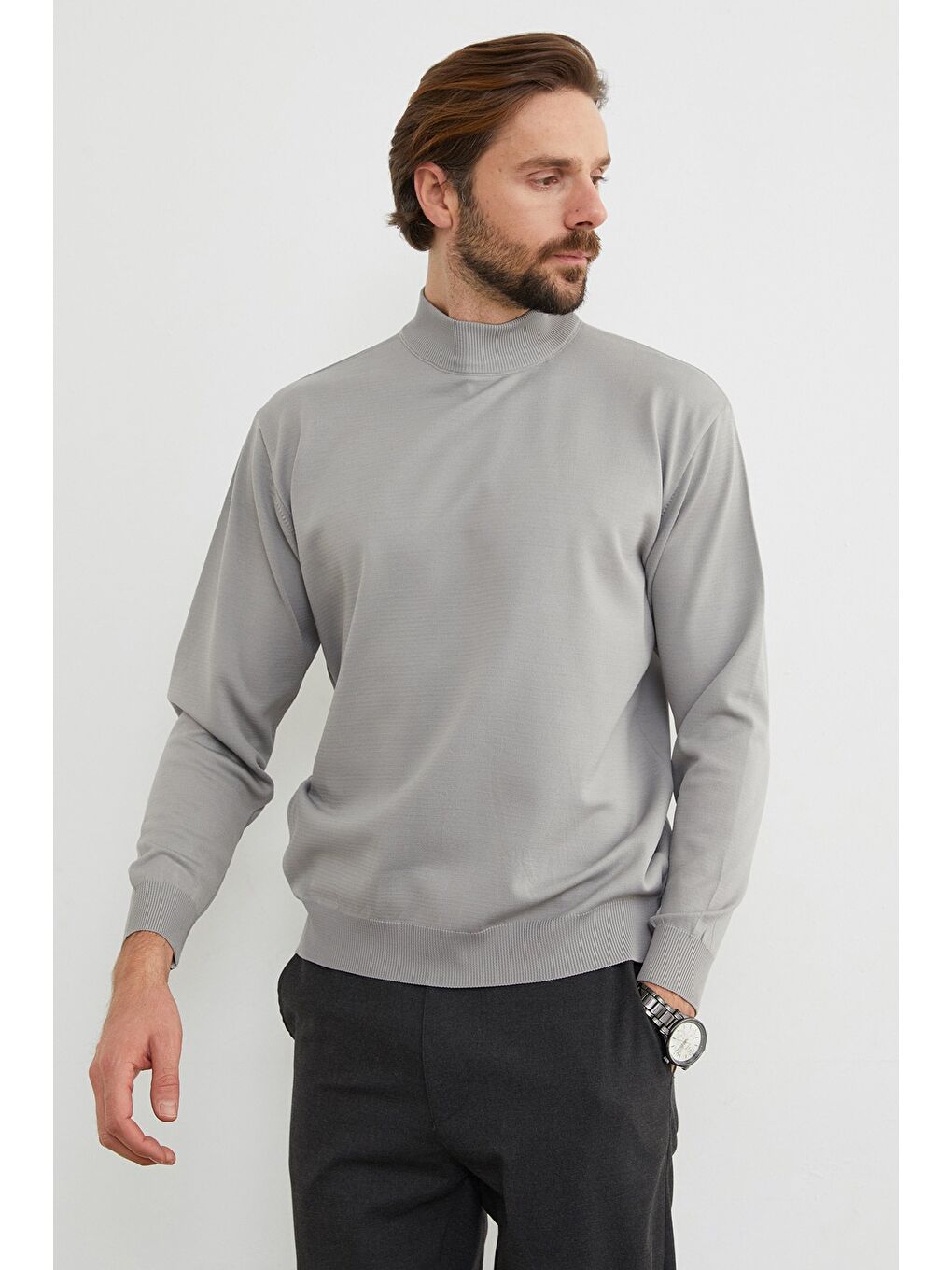 Gri Basic Dik Yaka Triko Kazak-4