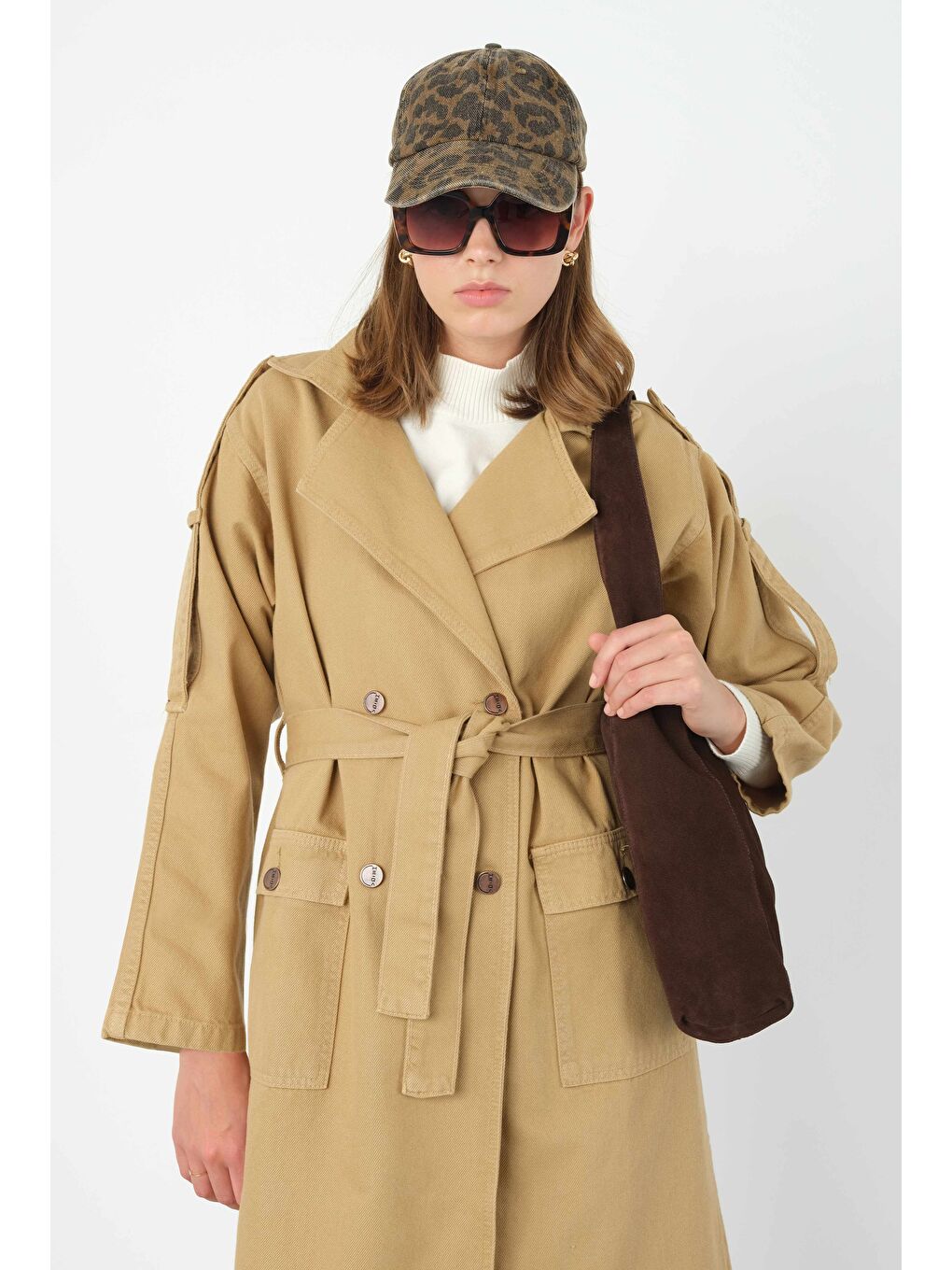 Kahverengi Denim Trençkot Uzun Açık Camel-4