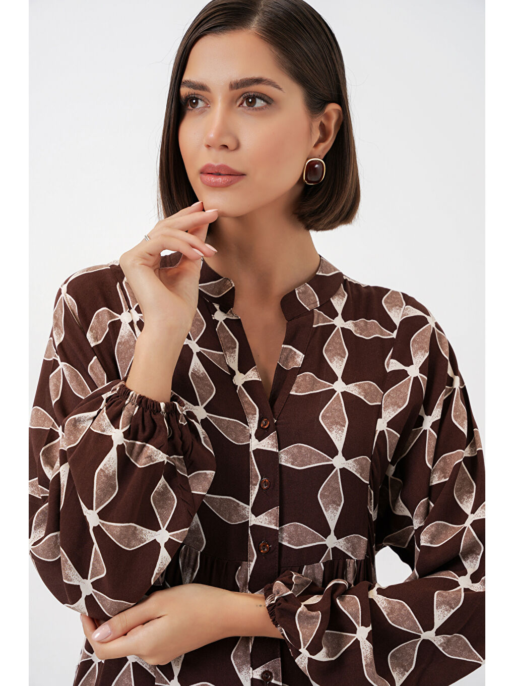 Kahverengi Kadın Desenli Uzun Tesettür Elbise 2585 - A.Kahve-1