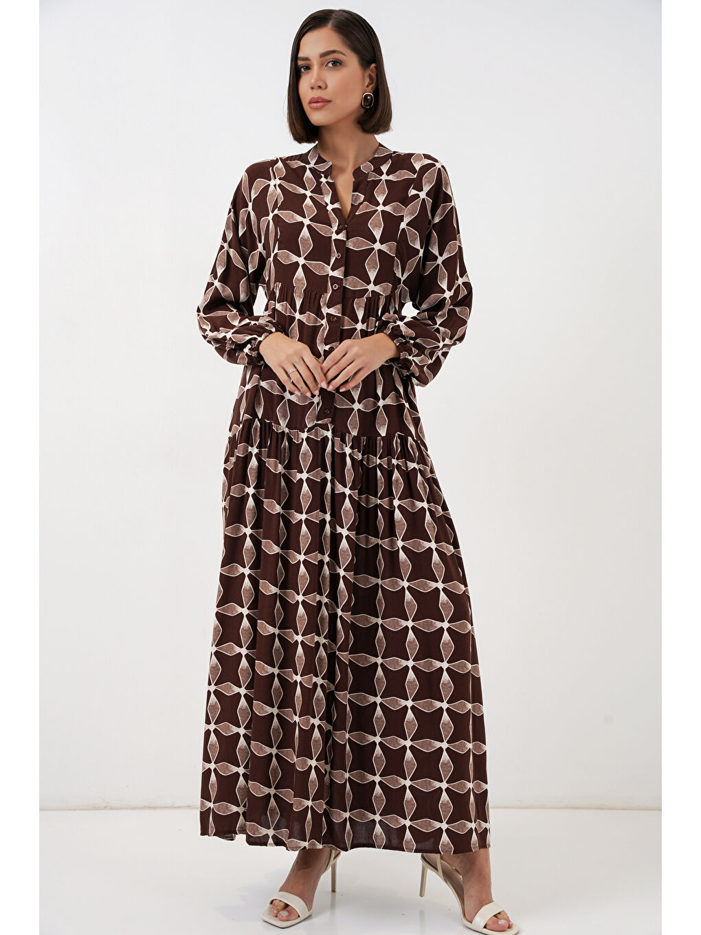 Kahverengi Kadın Desenli Uzun Tesettür Elbise 2585 - A.Kahve-2