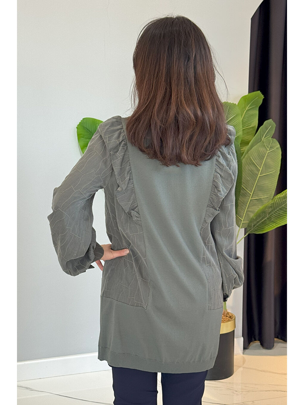 Fırfır Detay Önü Düğmeli Hırka 6051 Haki-3