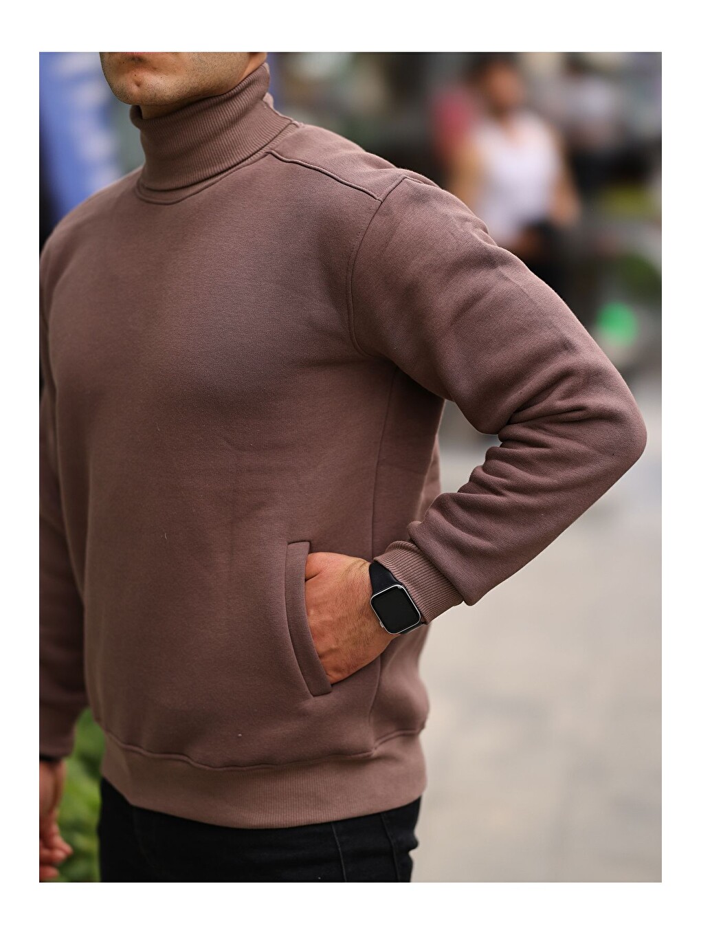 Kahverengi Boğazlı Cepli Üç İplik Sweat-1