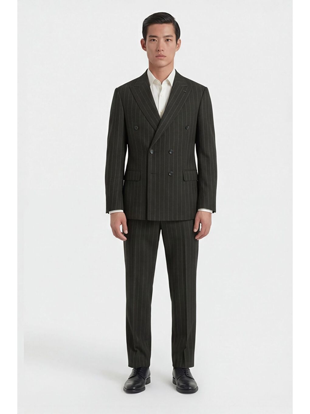 Haki Slim Fit Sivri Yaka Çizgili Kruvaze Takım Elbise-1