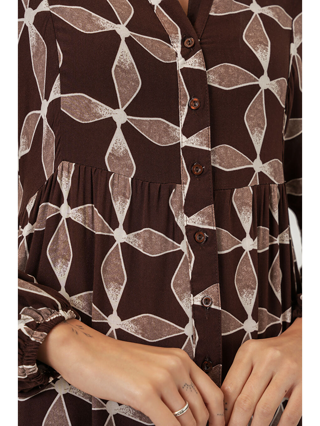 Kahverengi Kadın Desenli Uzun Tesettür Elbise 2585 - A.Kahve-3