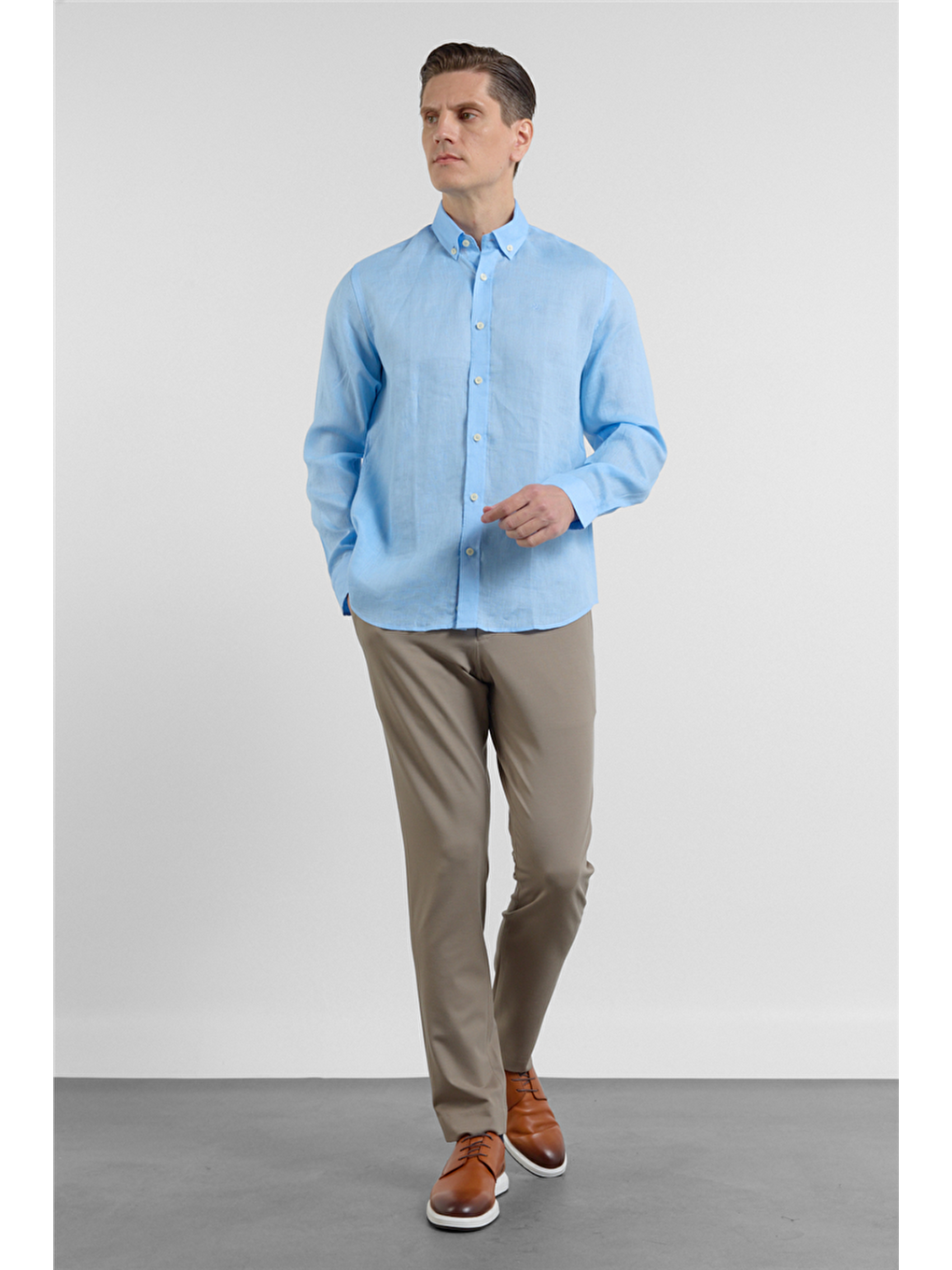 Mavi Keten Düğmeli Yaka Uzun Kol Cepsiz Slim Fit %100 Keten Gömlek 1004260161-1