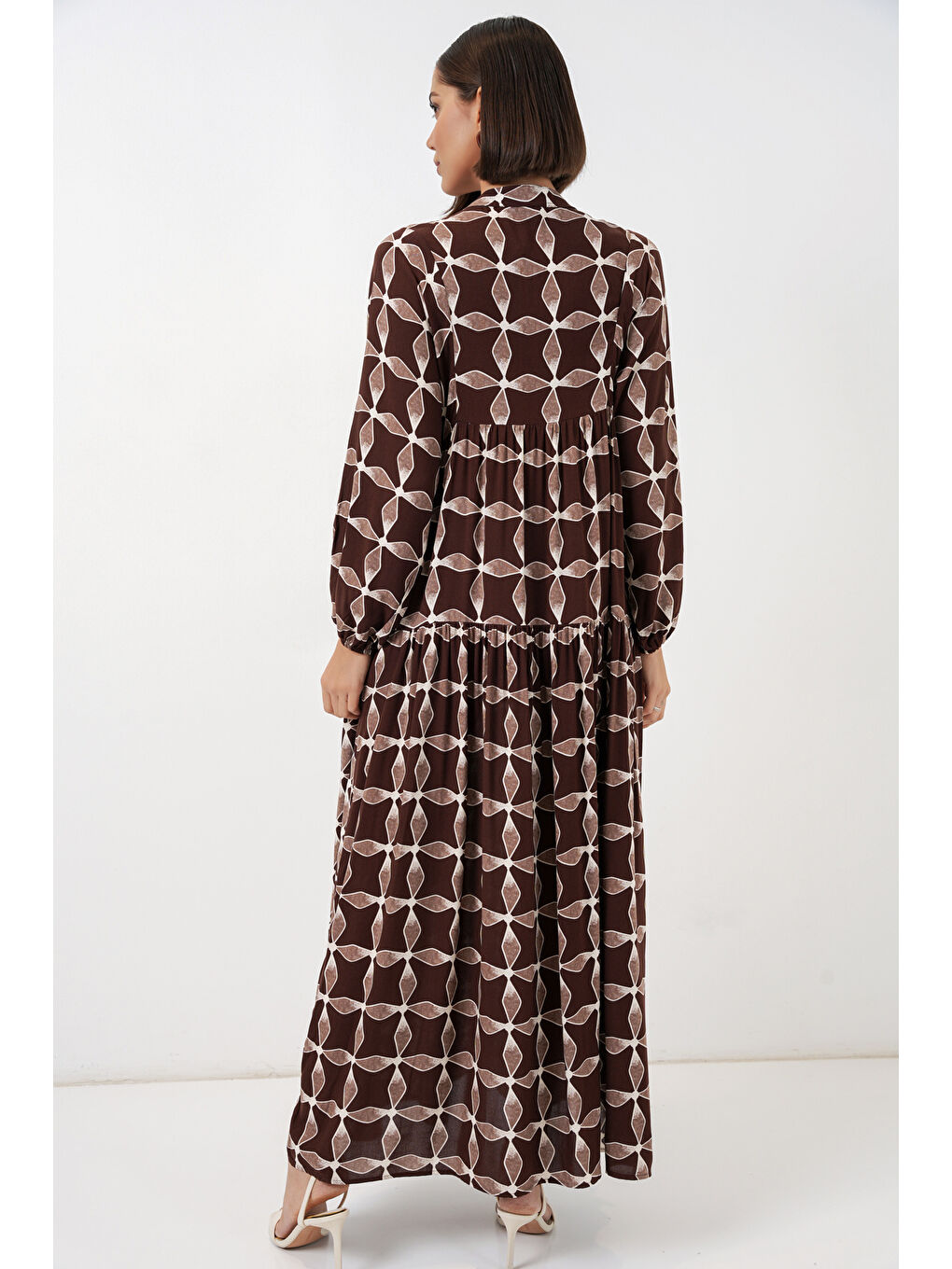 Kahverengi Kadın Desenli Uzun Tesettür Elbise 2585 - A.Kahve-4