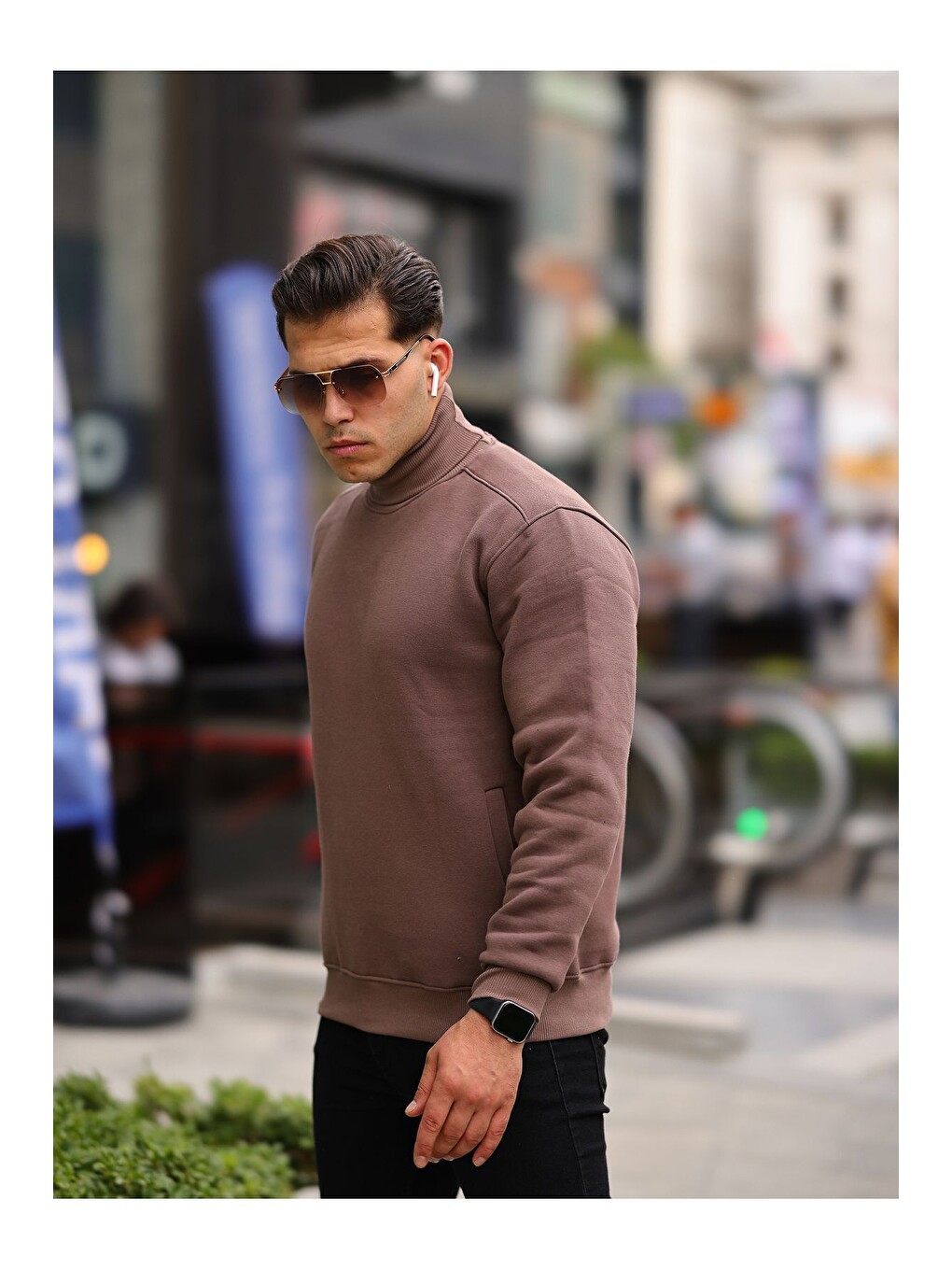 Kahverengi Boğazlı Cepli Üç İplik Sweat-2