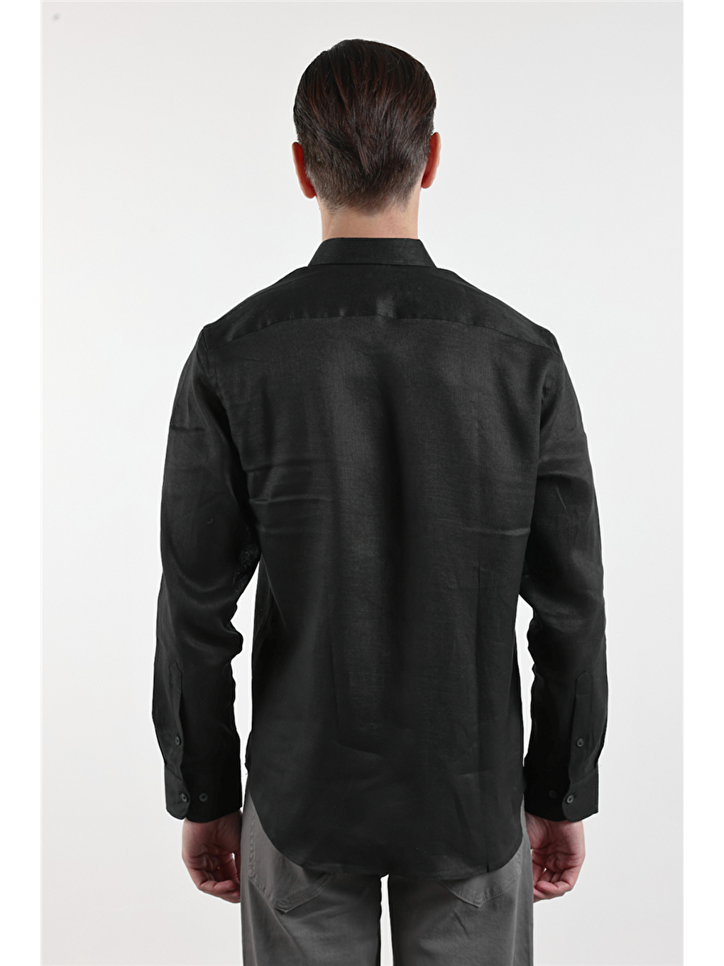 Siyah Keten Düğmeli Yaka Uzun Kol Cepsiz Slim Fit %100 Keten Gömlek 1004260161-5