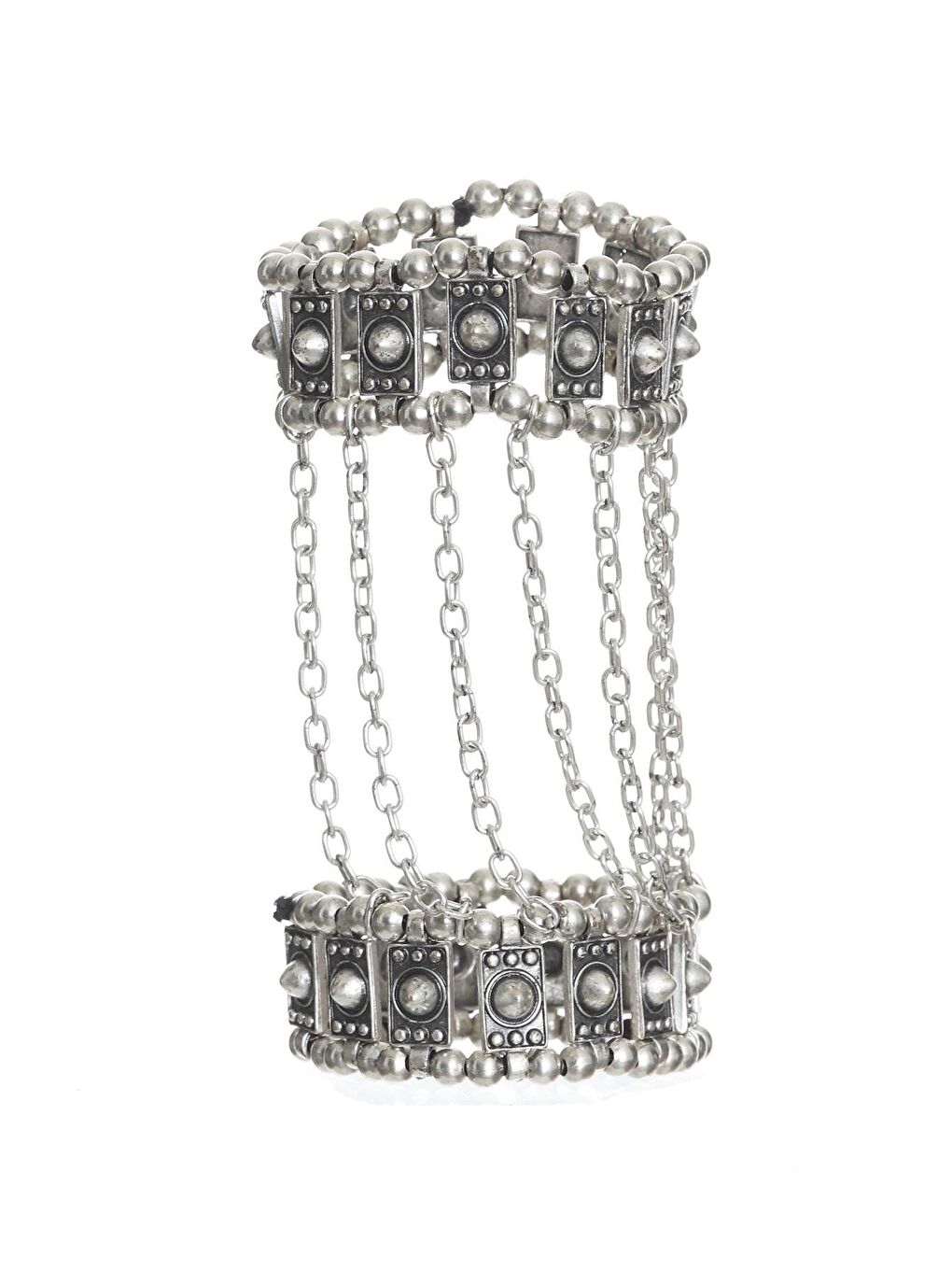 Gri Kadın Antik Gümüş Kaplama Zincir Bağlantılı Eldiven Formlu Lastikli Tasarım Bileklik