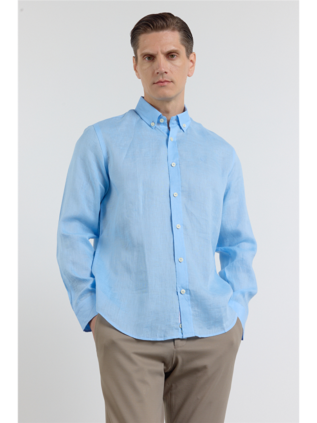 Mavi Keten Düğmeli Yaka Uzun Kol Cepsiz Slim Fit %100 Keten Gömlek 1004260161-2