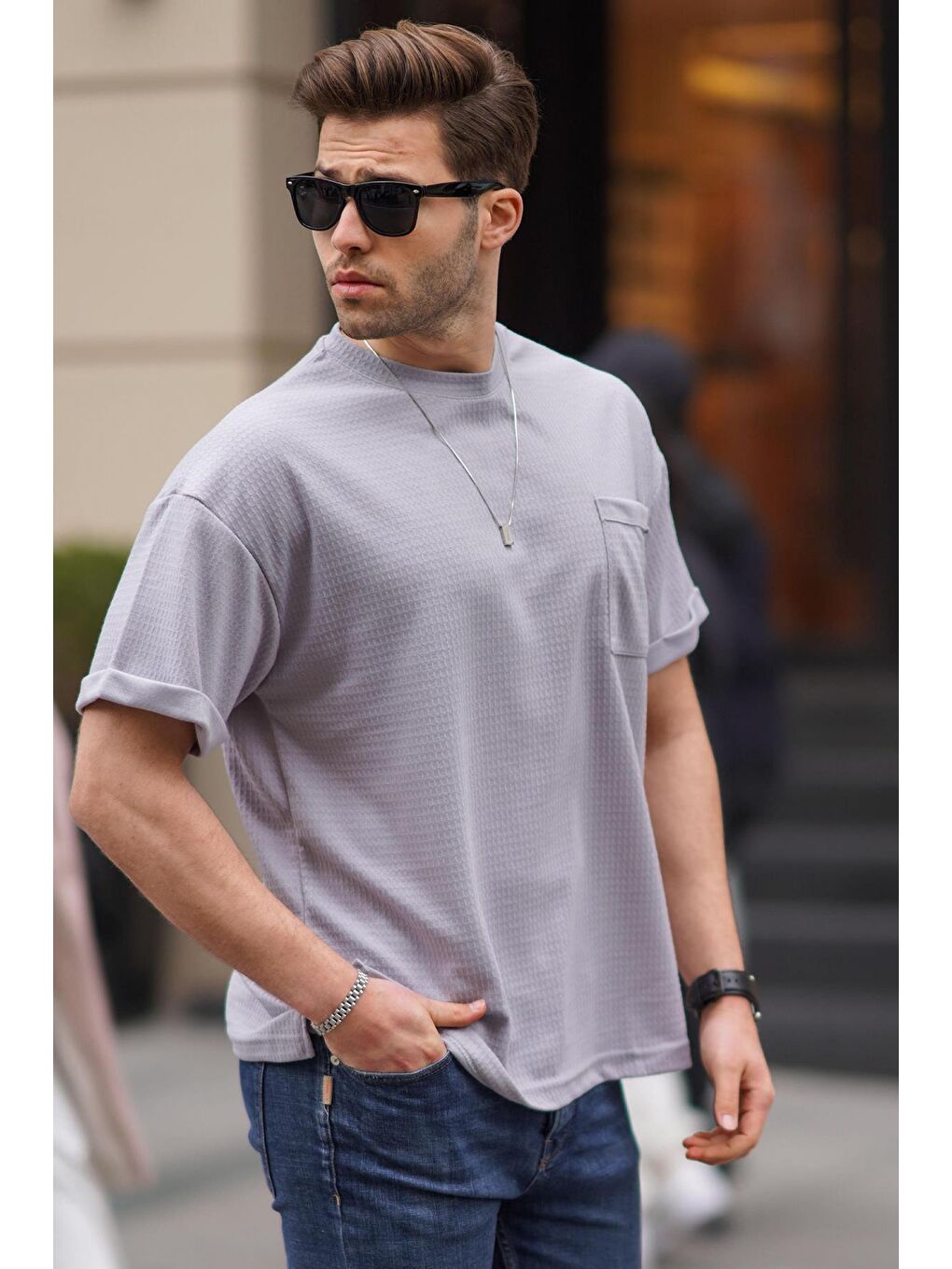 Boyalı Gri Erkek Cep Detaylı Oversize Tişört 6194-1