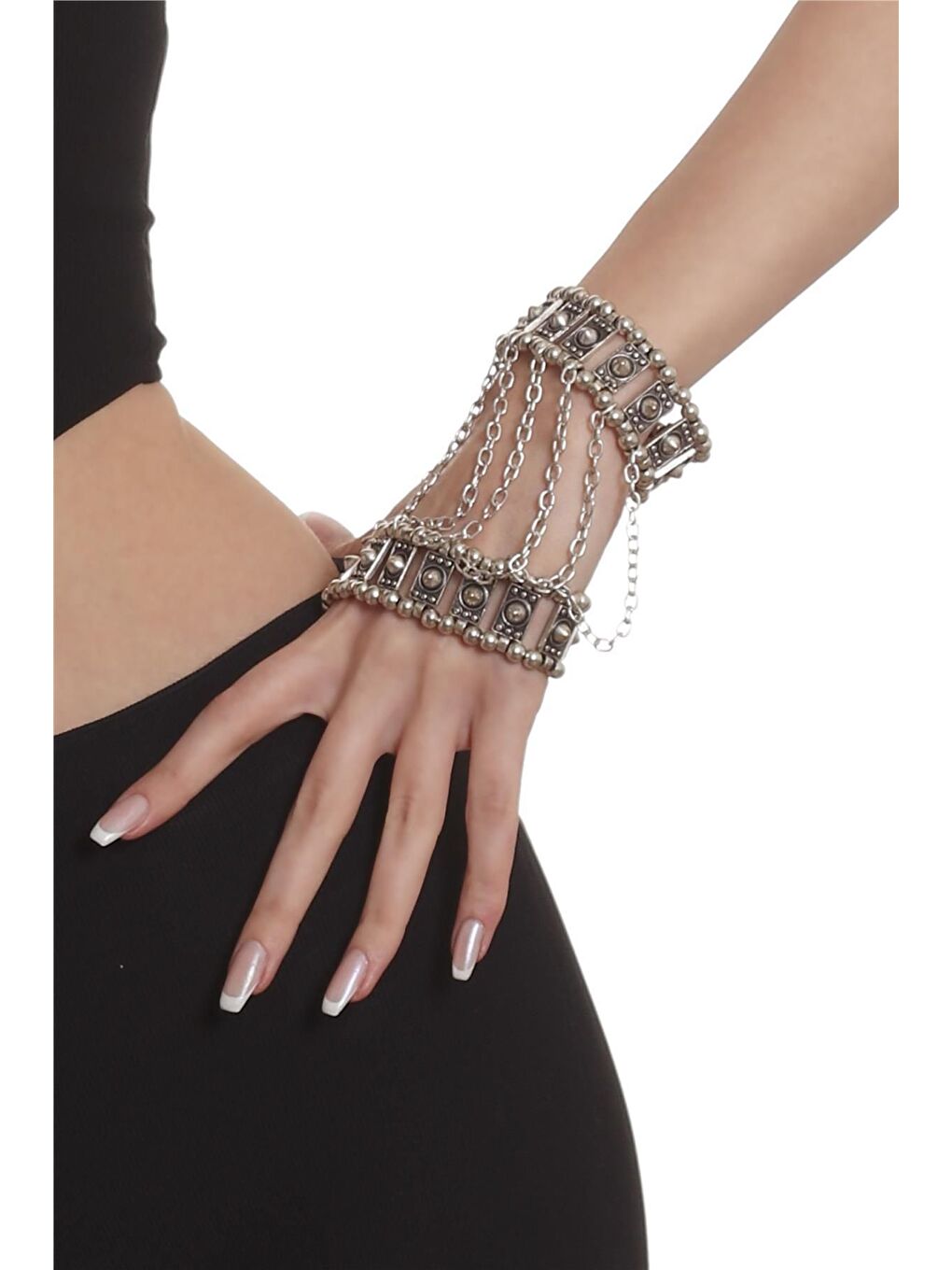 Gri Kadın Antik Gümüş Kaplama Zincir Bağlantılı Eldiven Formlu Lastikli Tasarım Bileklik-2