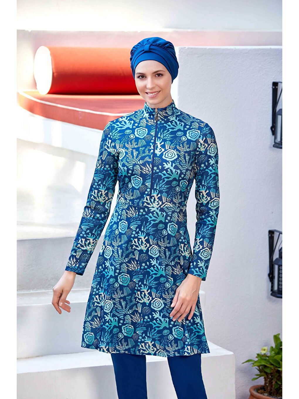 İndigo Desenli 4 Lü Tesettür Mayo