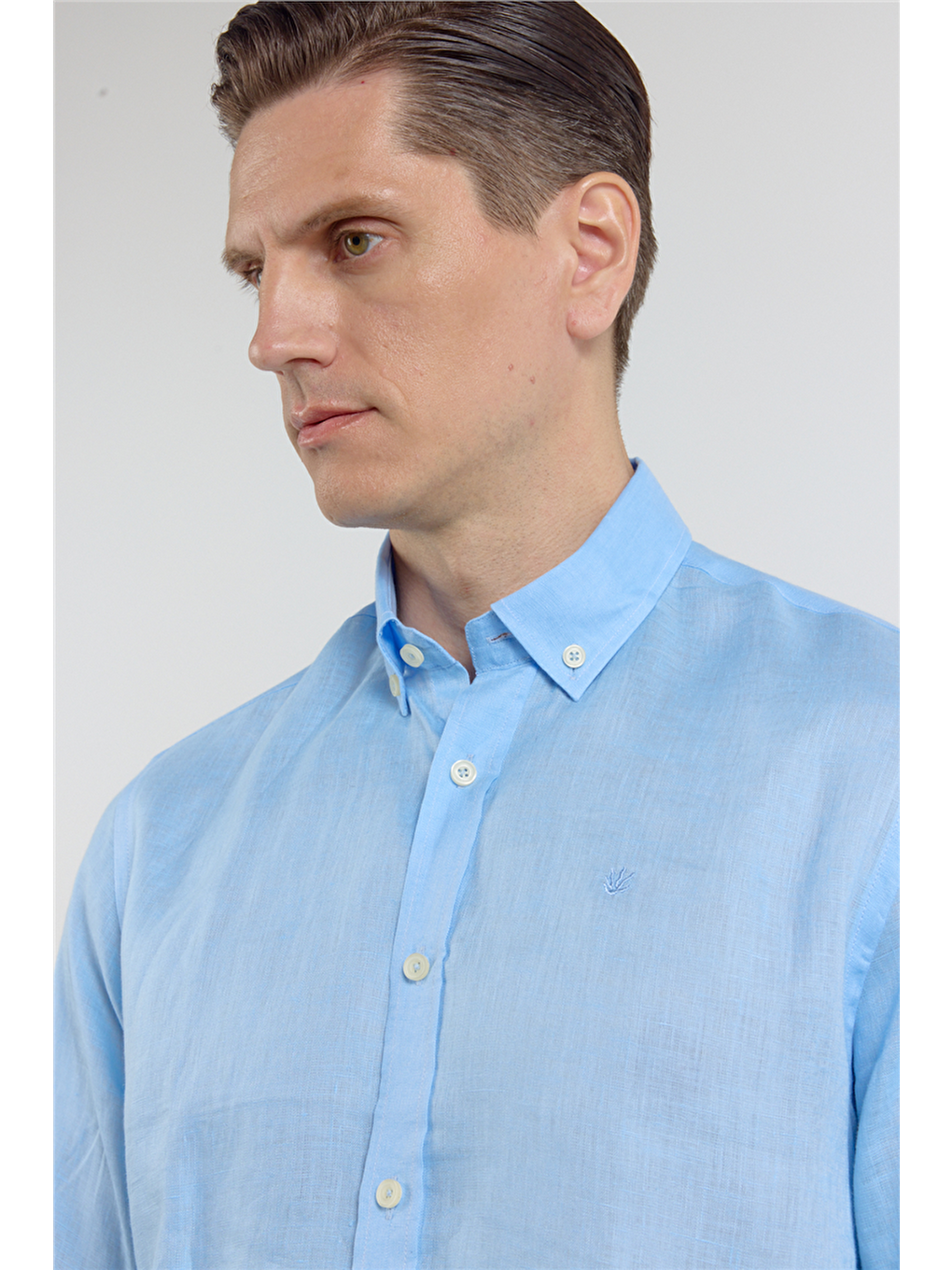 Mavi Keten Düğmeli Yaka Uzun Kol Cepsiz Slim Fit %100 Keten Gömlek 1004260161-3