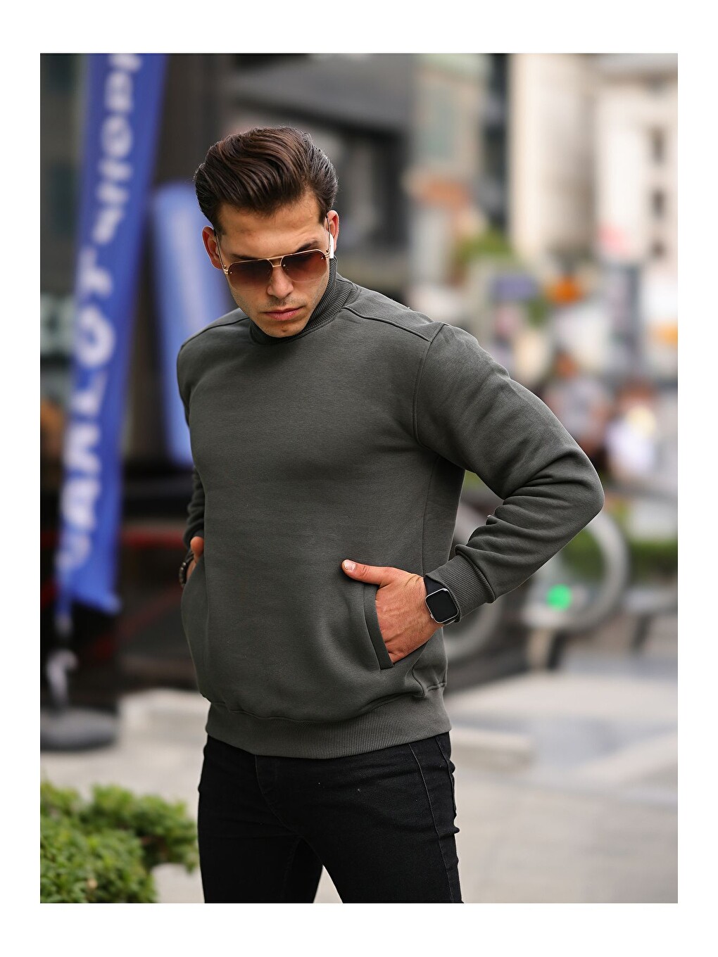 Haki Boğazlı Cepli Üç İplik Sweat-2