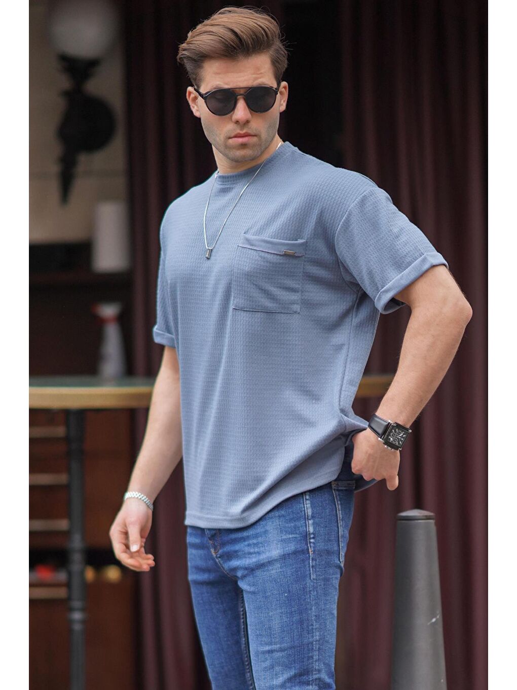 İndigo Erkek Cep Detaylı Oversize Tişört 6194-1