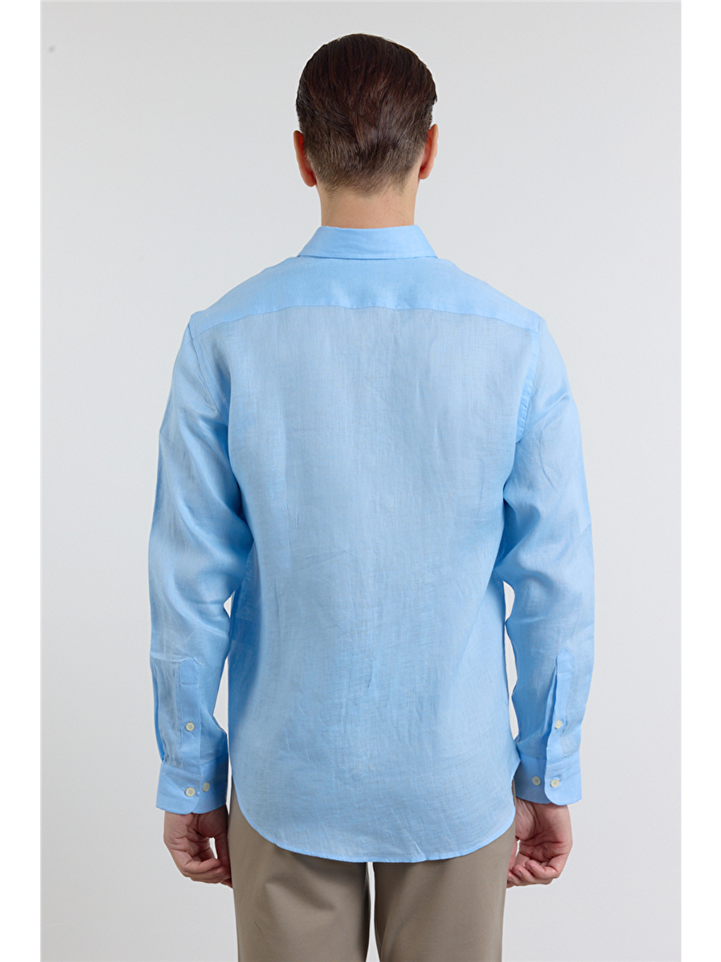 Mavi Keten Düğmeli Yaka Uzun Kol Cepsiz Slim Fit %100 Keten Gömlek 1004260161-4