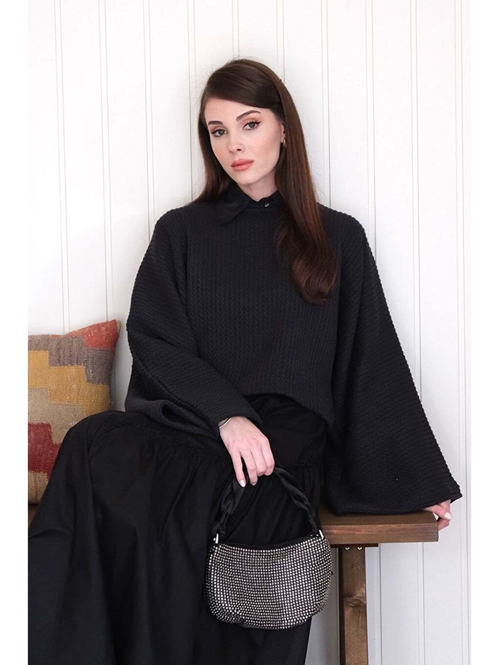 Siyah Yarasa Kol Triko Crop-2