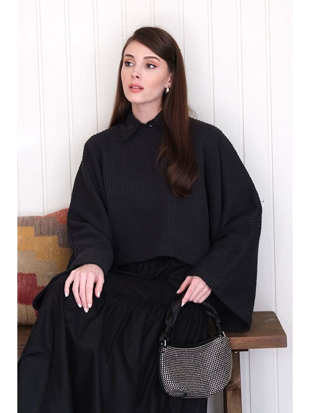 Siyah Yarasa Kol Triko Crop-3