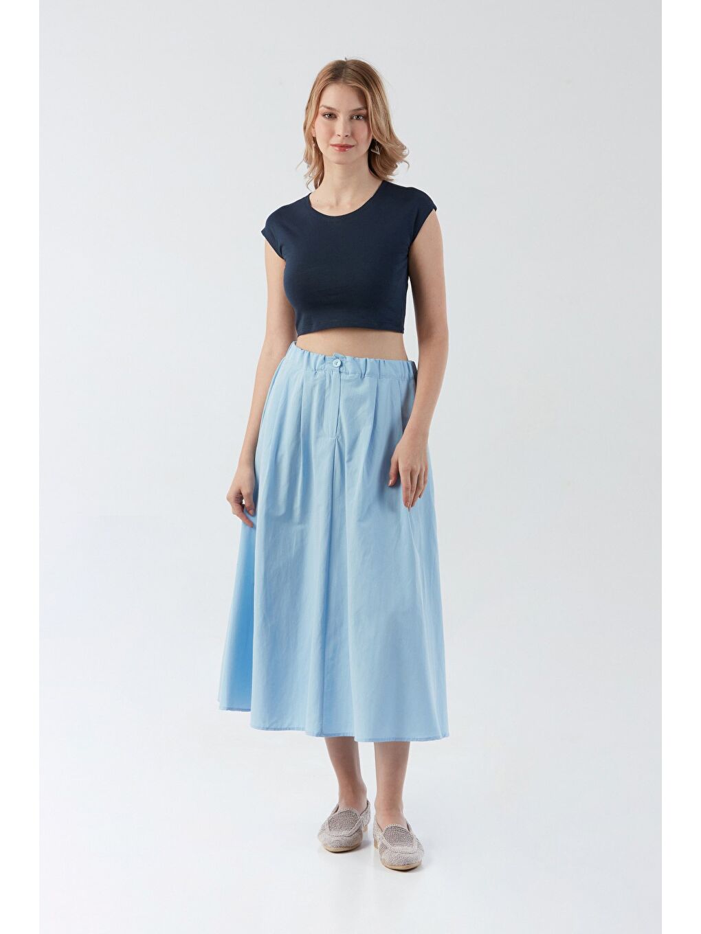 Mavi Beli Lastikli Düğmeli Fermuarlı Terikoton Etek