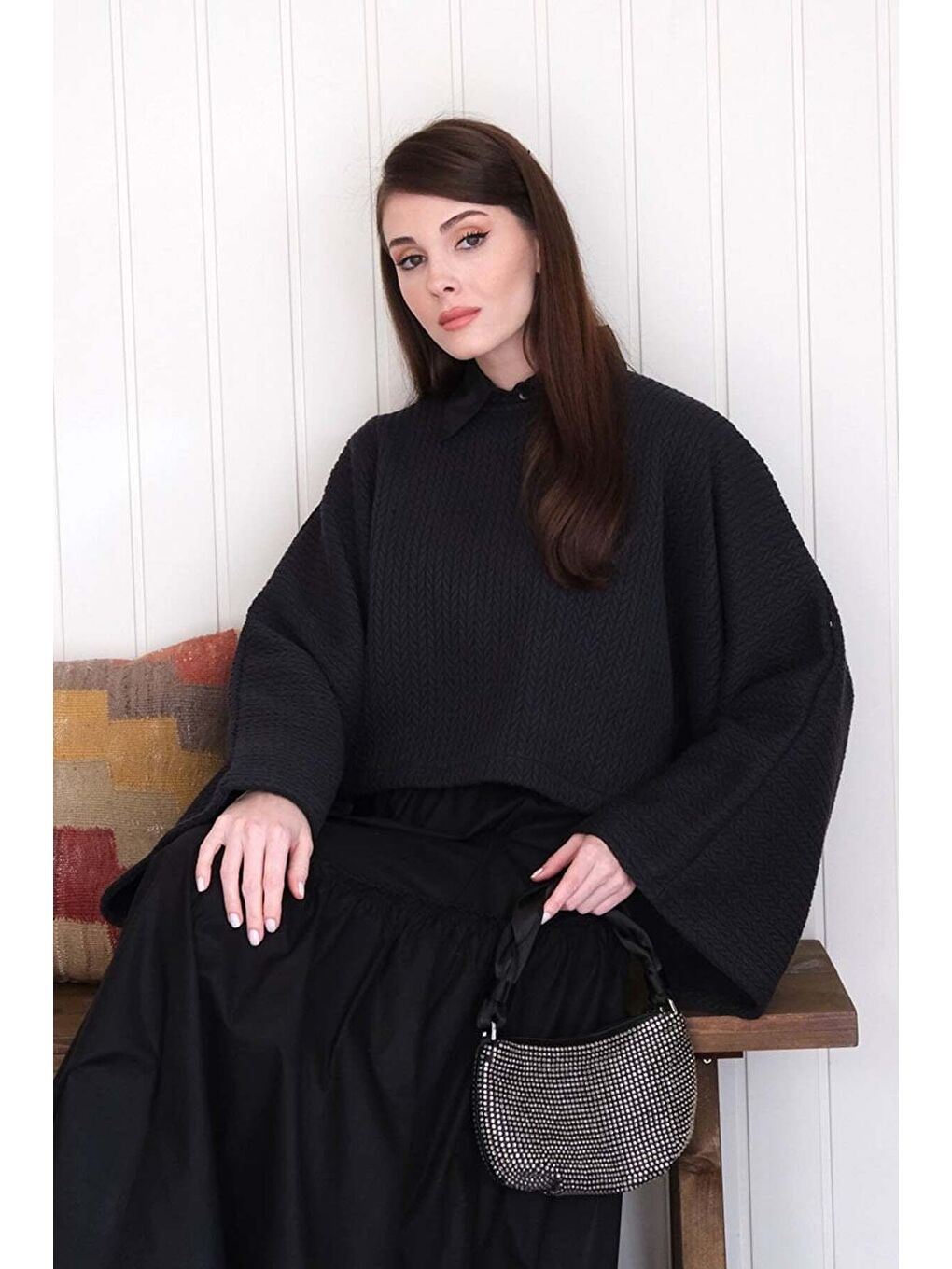 Siyah Yarasa Kol Triko Crop-4