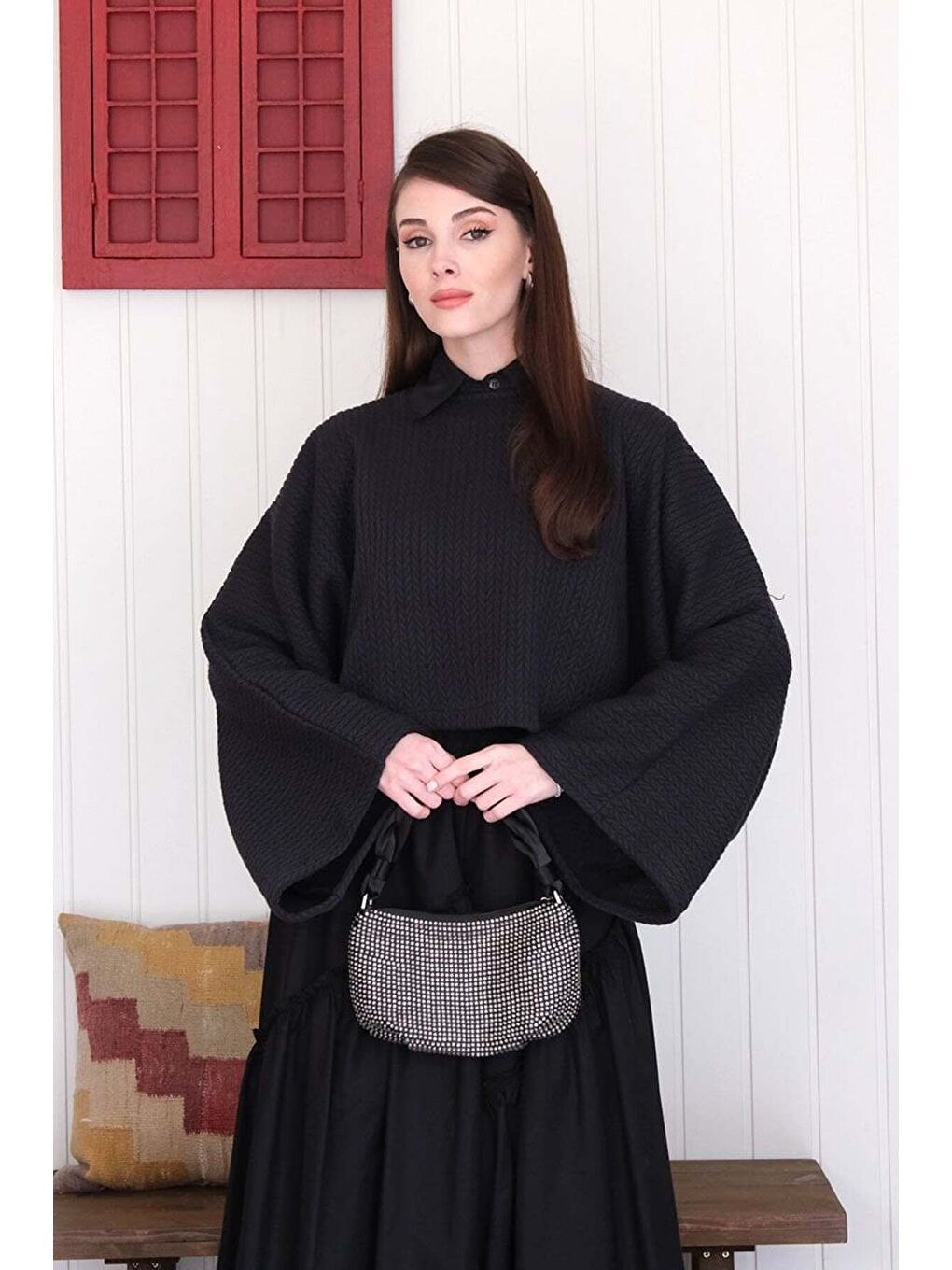 Siyah Yarasa Kol Triko Crop-5