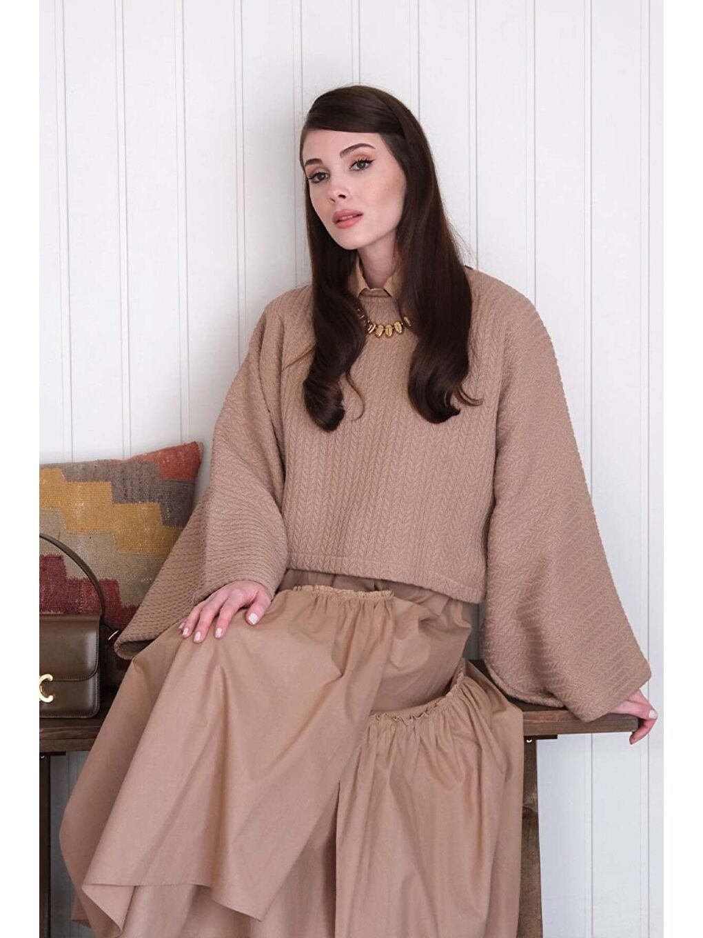 Bej Karamel Yarasa Kol Triko Crop-5