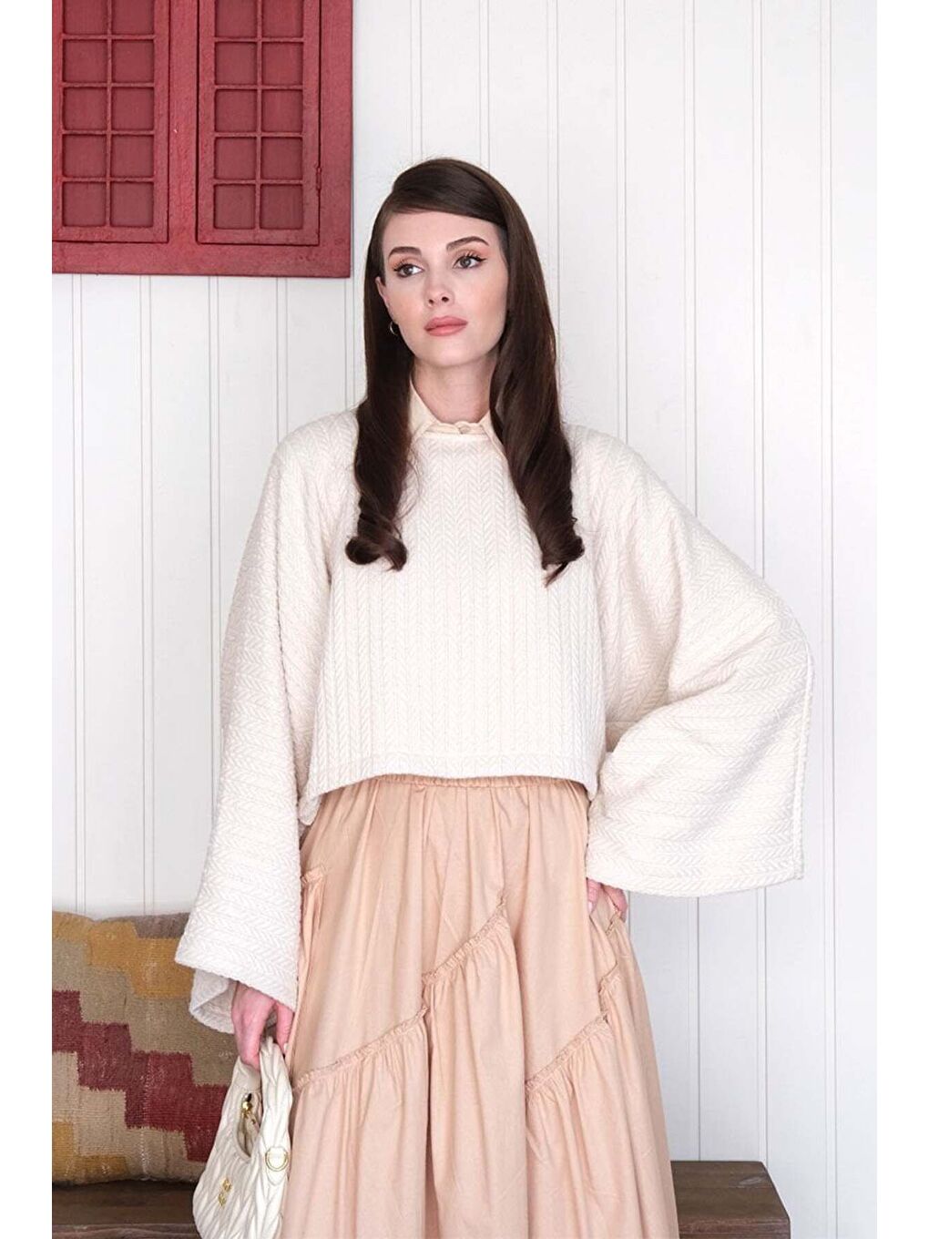 Ekru Krem Yarasa Kol Triko Crop