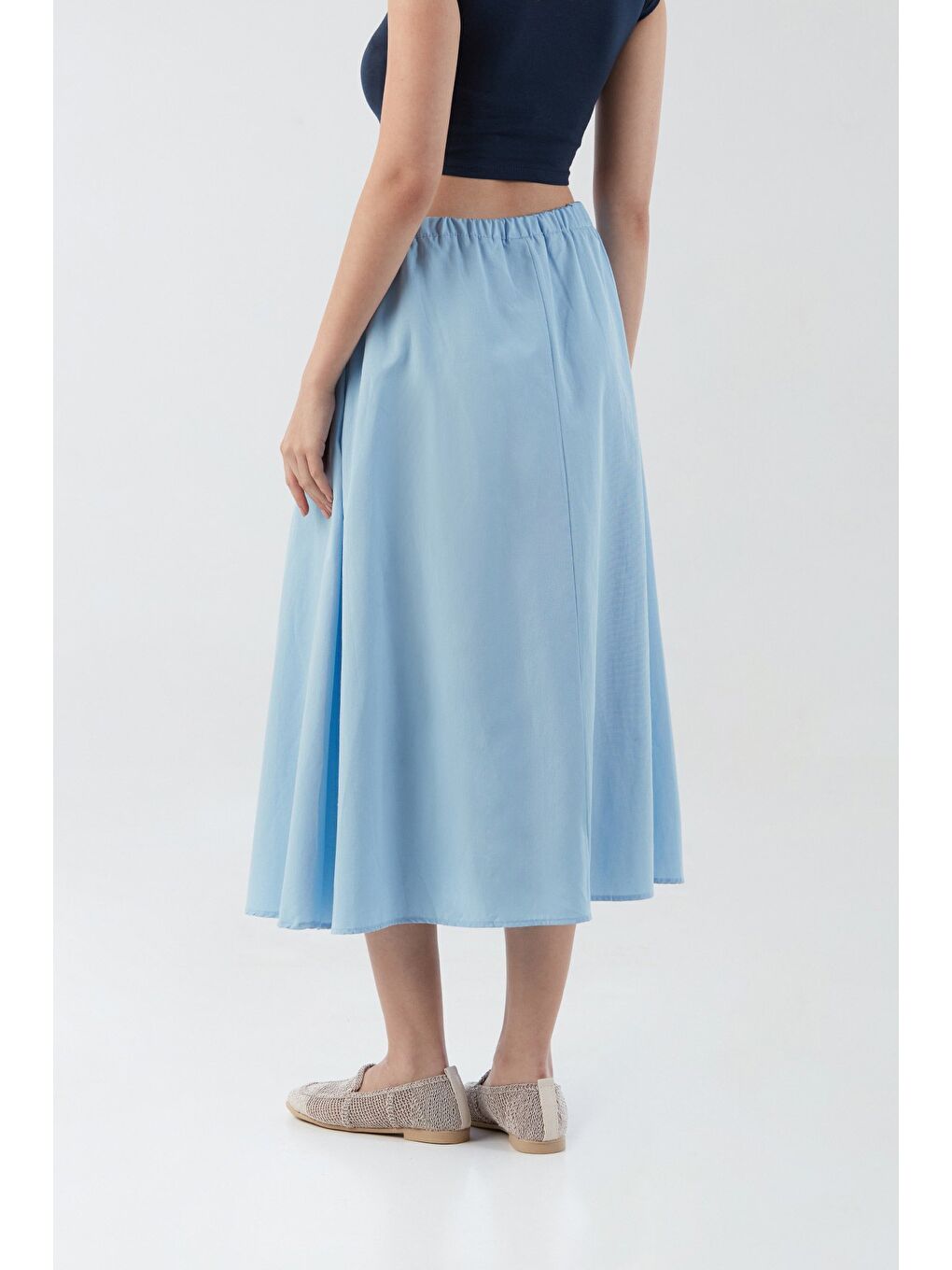 Mavi Beli Lastikli Düğmeli Fermuarlı Terikoton Etek-2