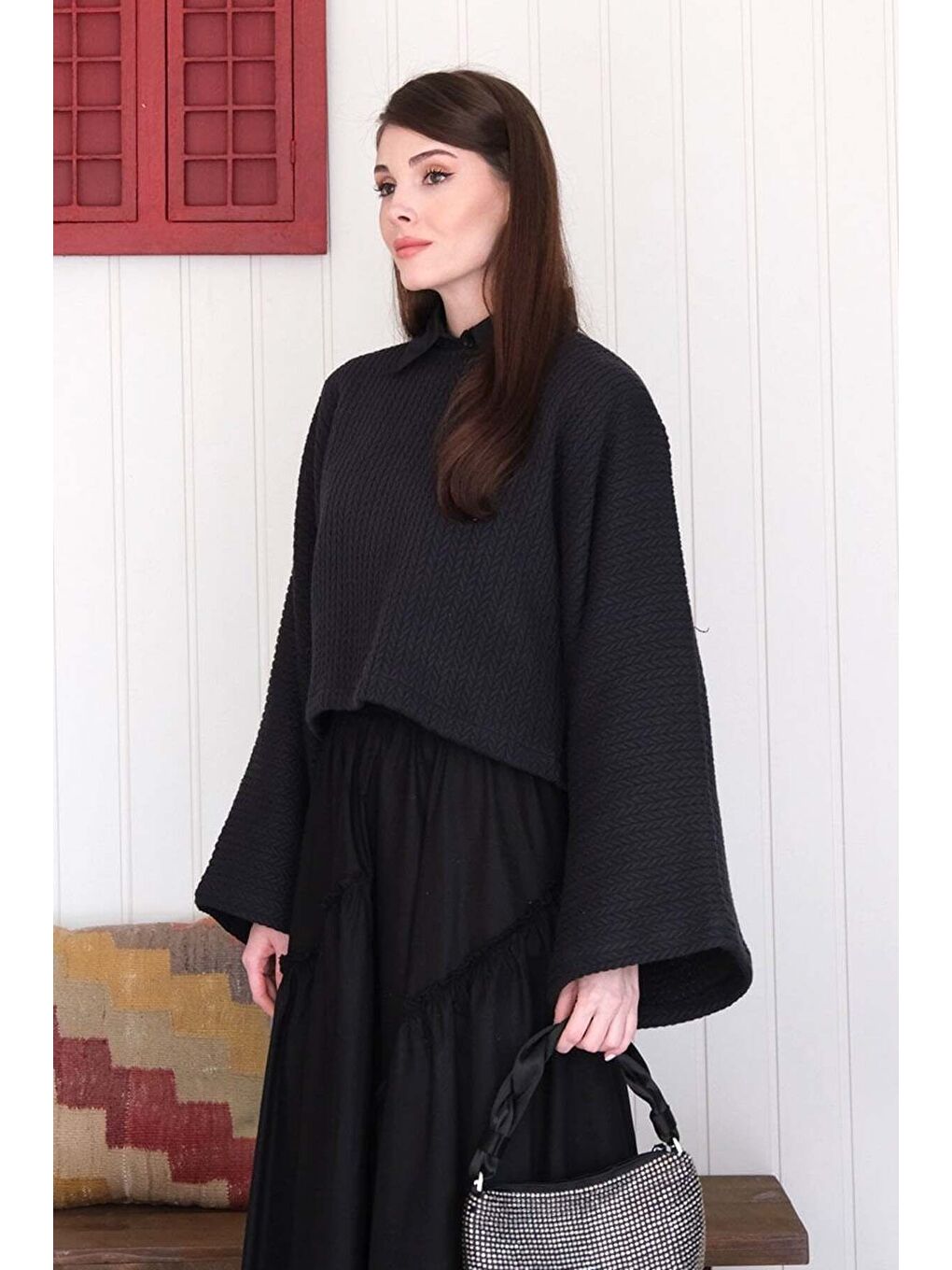 Siyah Yarasa Kol Triko Crop-6