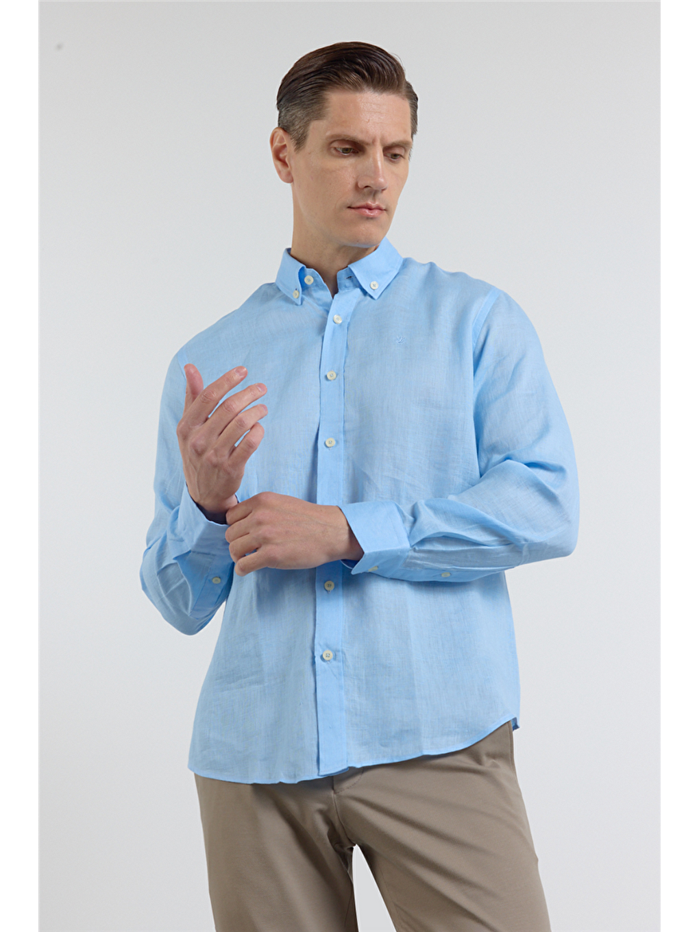 Mavi Keten Düğmeli Yaka Uzun Kol Cepsiz Slim Fit %100 Keten Gömlek 1004260161-5