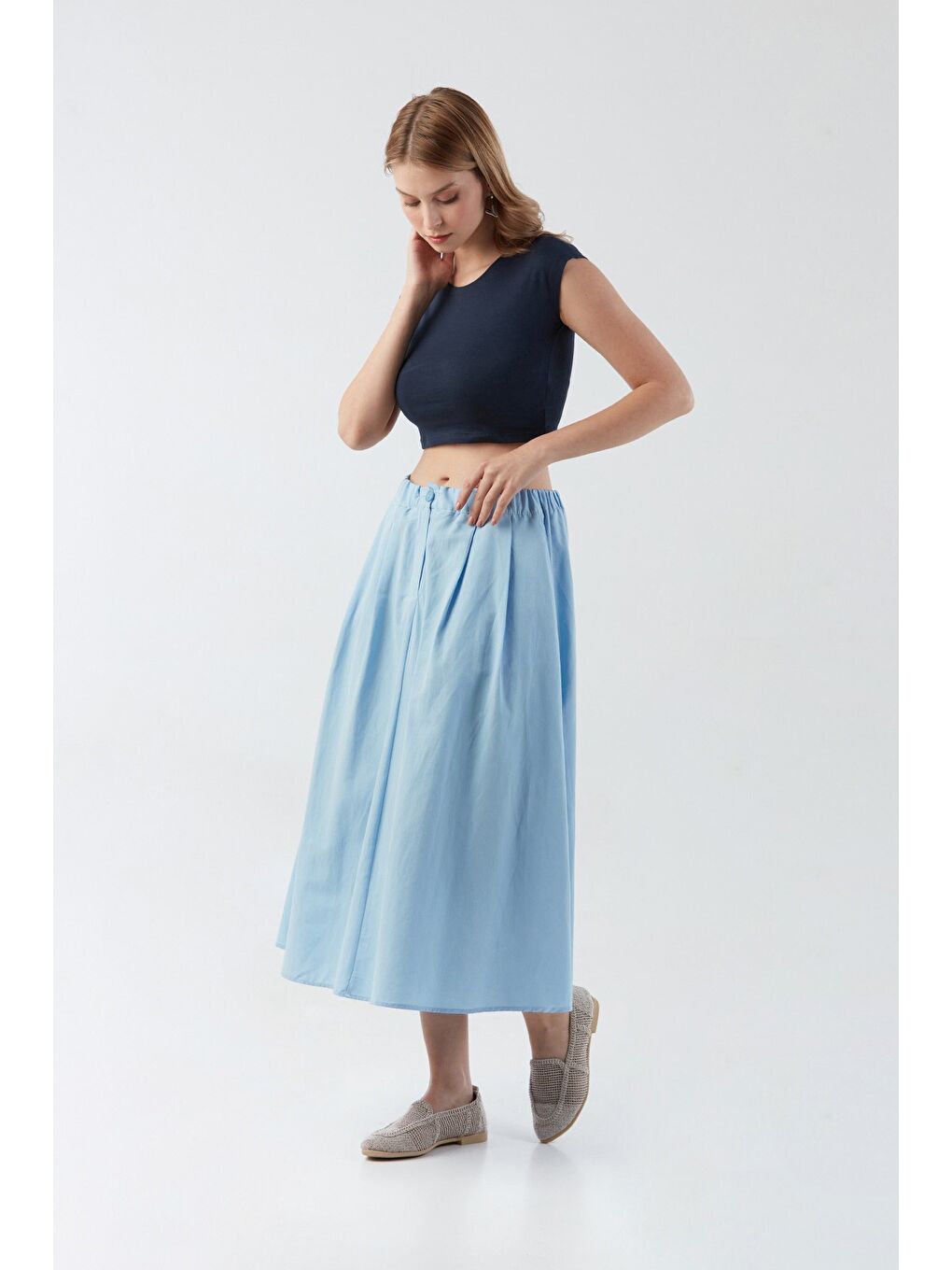 Mavi Beli Lastikli Düğmeli Fermuarlı Terikoton Etek-3