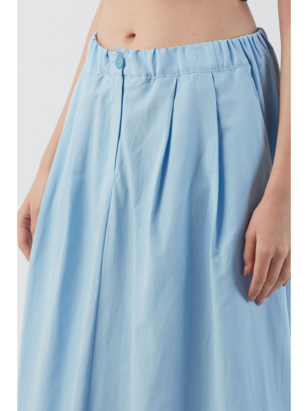 Mavi Beli Lastikli Düğmeli Fermuarlı Terikoton Etek-4