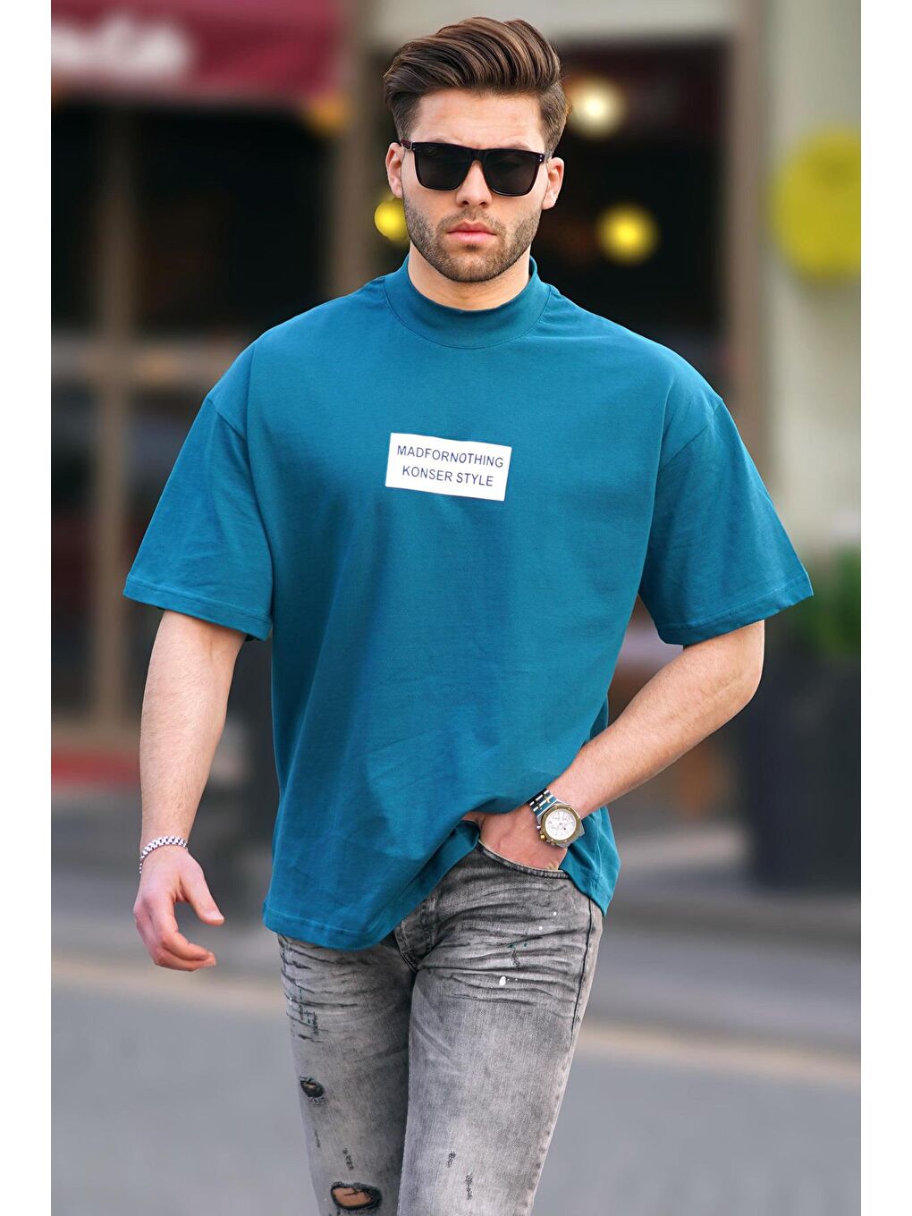 Petrol Mavisi Yalancı Dik Yaka Oversize Erkek Tişört 7004