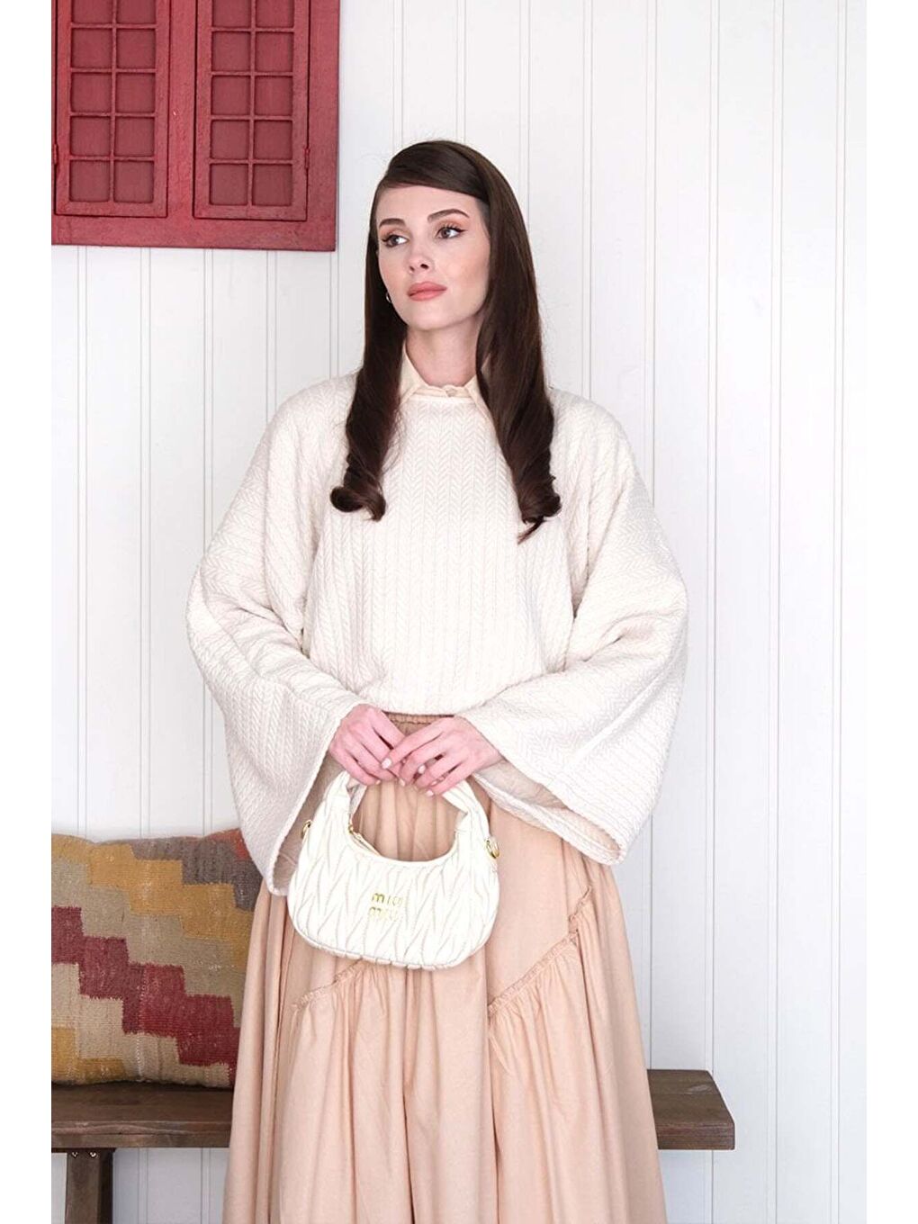 Ekru Krem Yarasa Kol Triko Crop-2