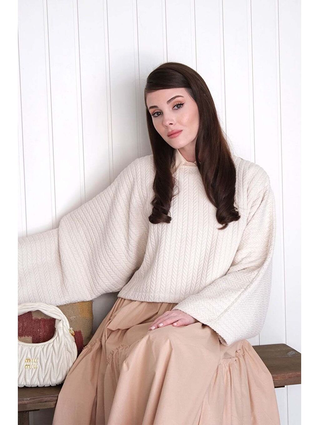 Ekru Krem Yarasa Kol Triko Crop-3