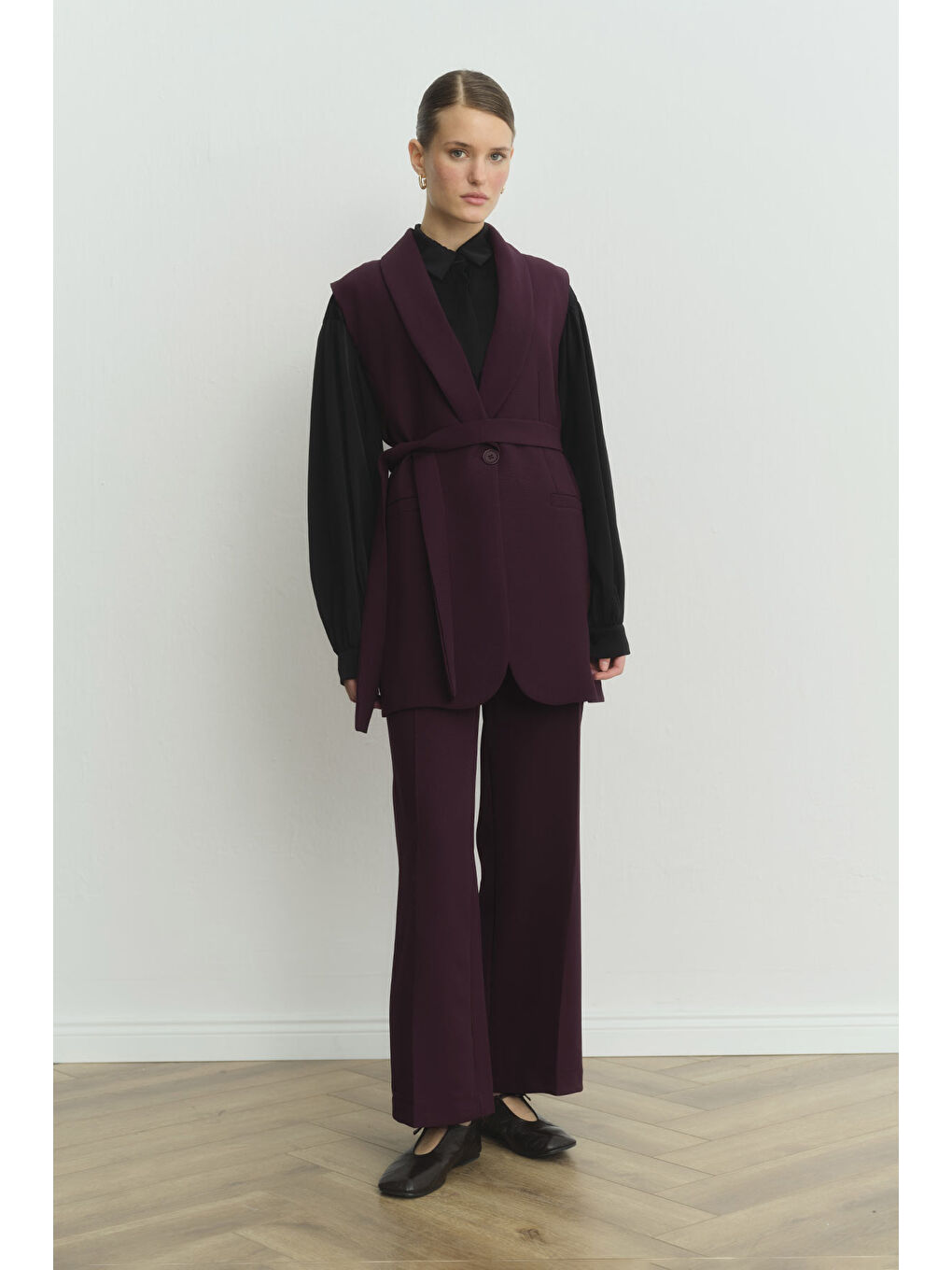 Şal Yaka Yelekli Bordo Krep Takım-1