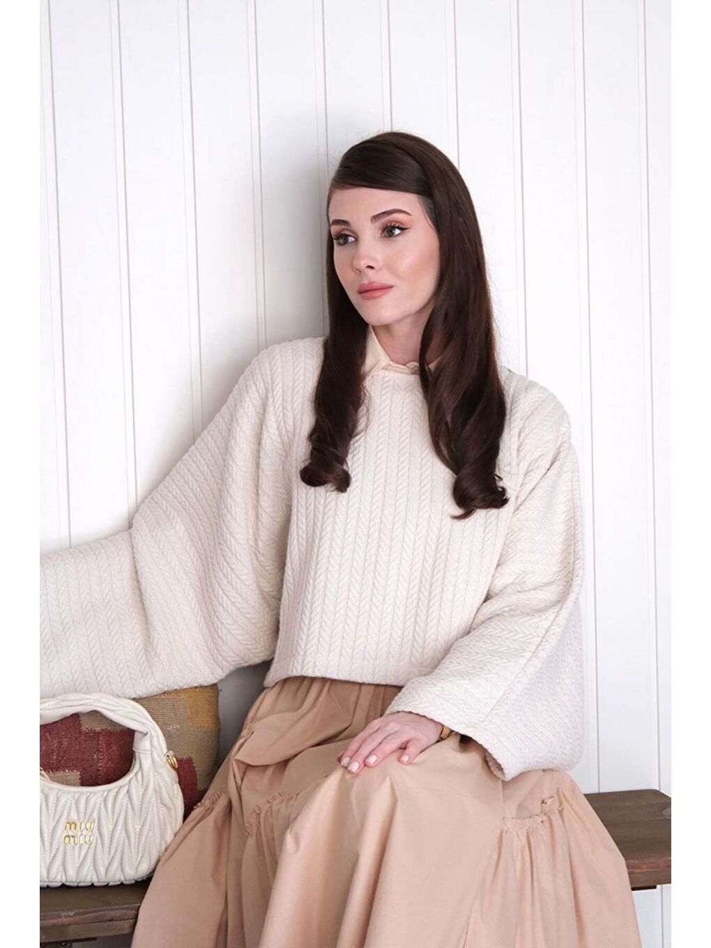 Ekru Krem Yarasa Kol Triko Crop-4