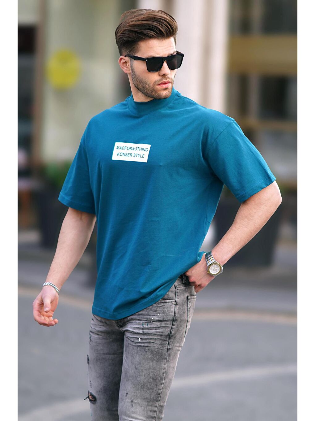 Petrol Mavisi Yalancı Dik Yaka Oversize Erkek Tişört 7004-1