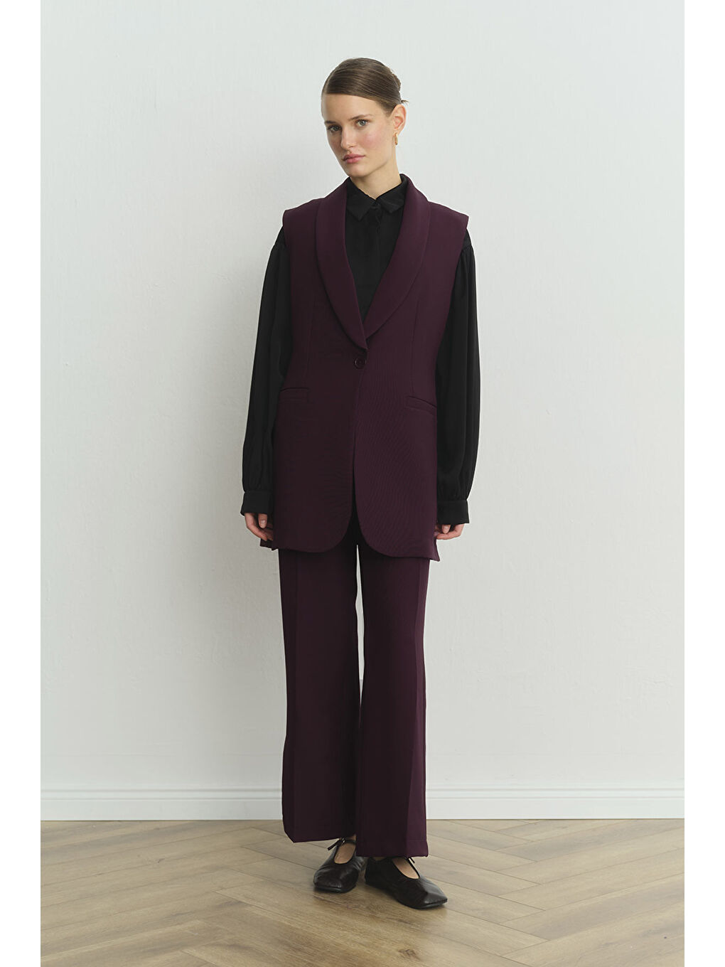 Şal Yaka Yelekli Bordo Krep Takım-2