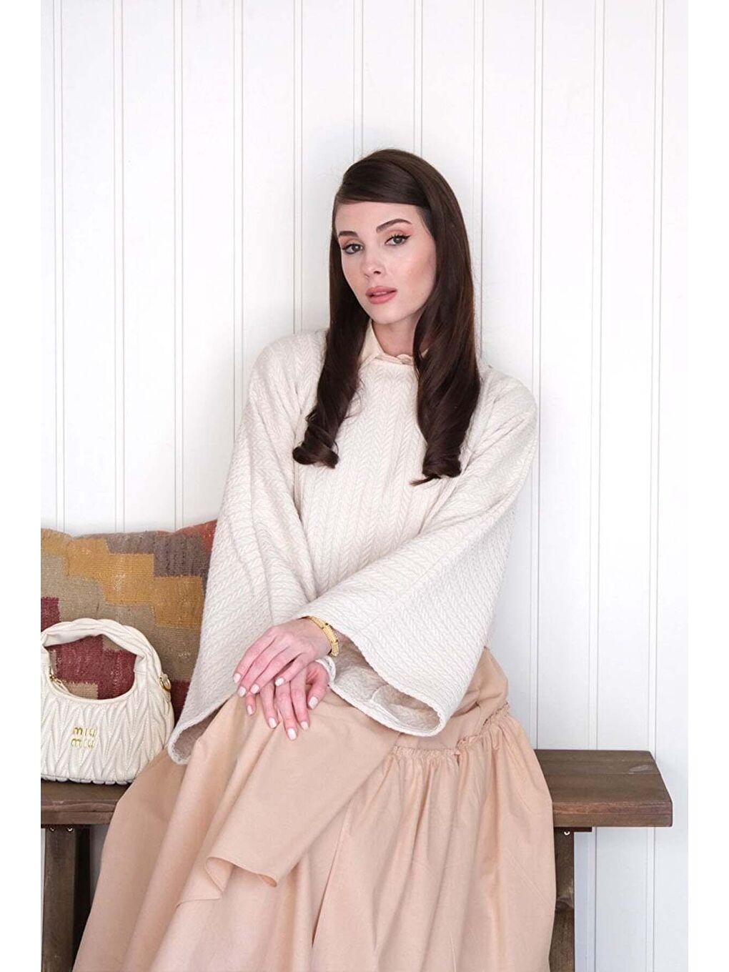 Ekru Krem Yarasa Kol Triko Crop-5