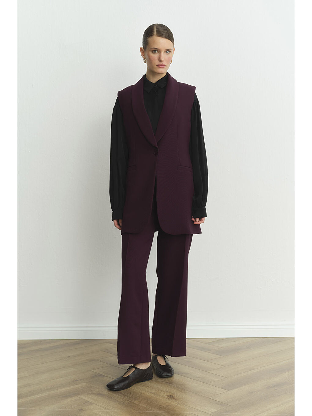 Şal Yaka Yelekli Bordo Krep Takım-3