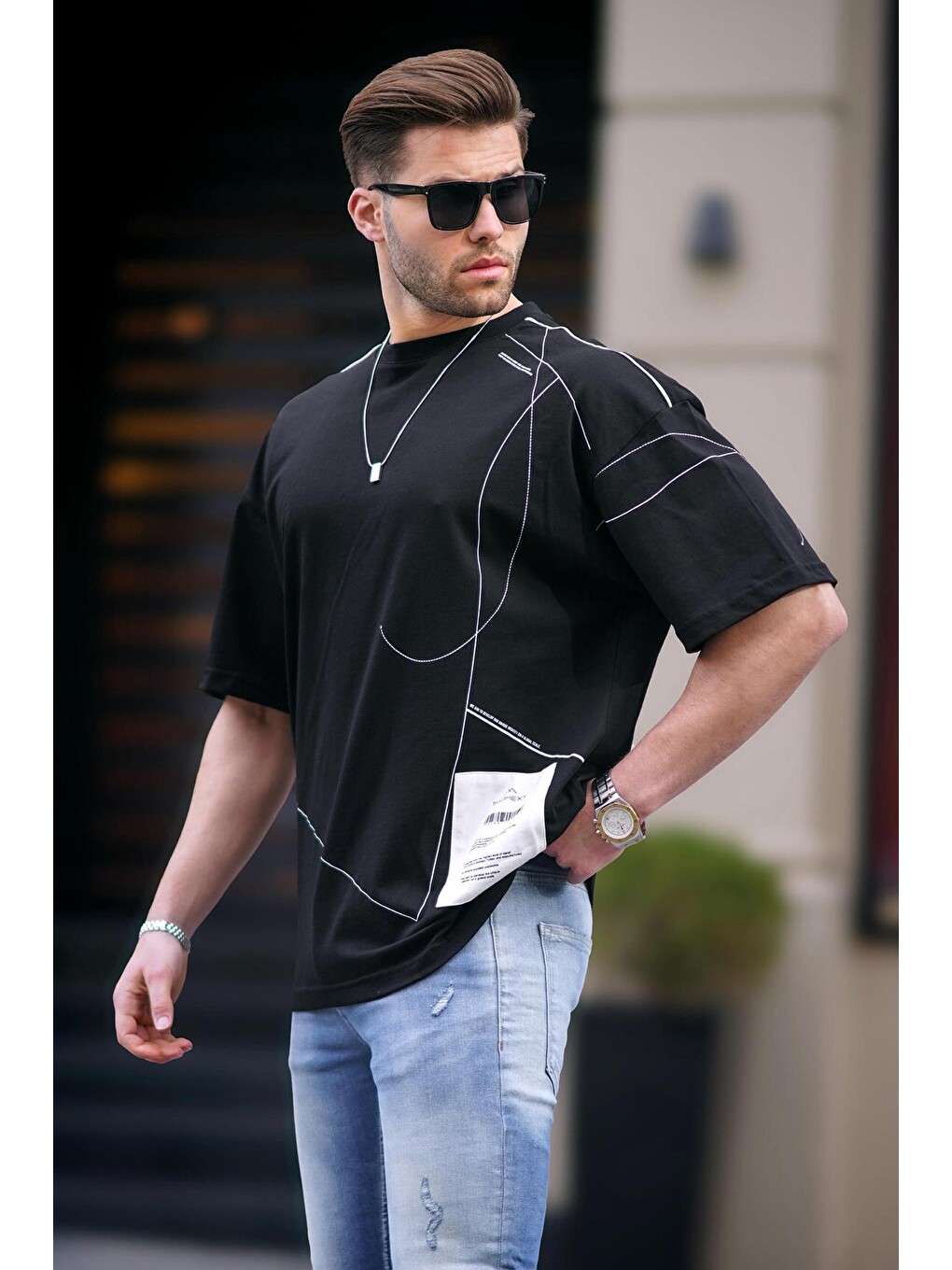 Siyah Desenli Oversize Erkek Tişört 7004