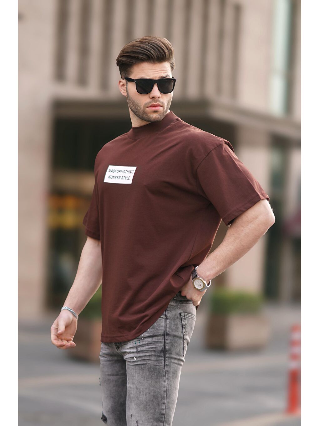 Kahverengi Yalancı Dik Yaka Oversize Erkek Tişört 7004-2