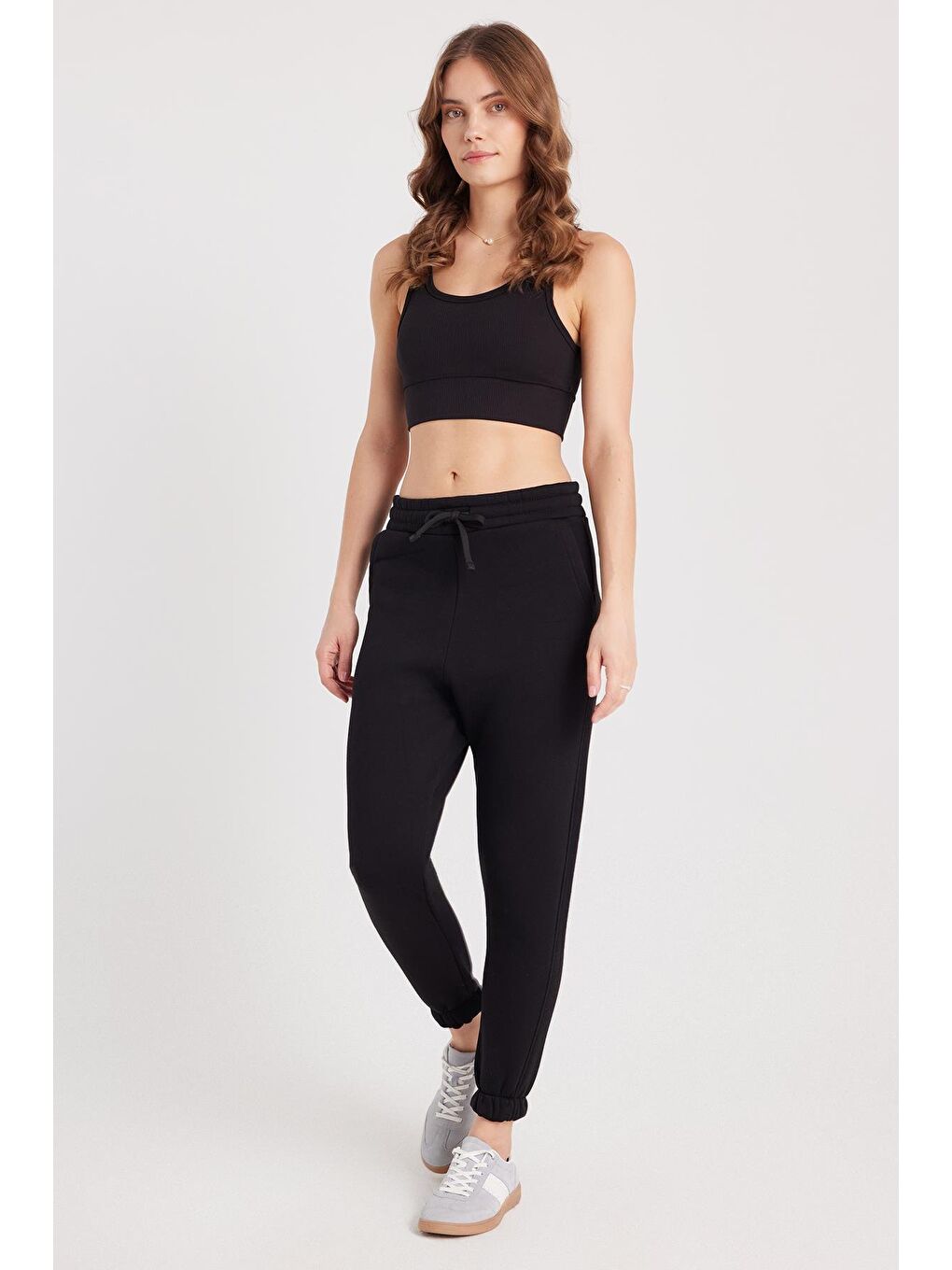 Kadın Relax Fit Rahat Kesim Şardonlu 3 Cepli Lastikli Jogger Paça Siyah Eşofman Altı-3