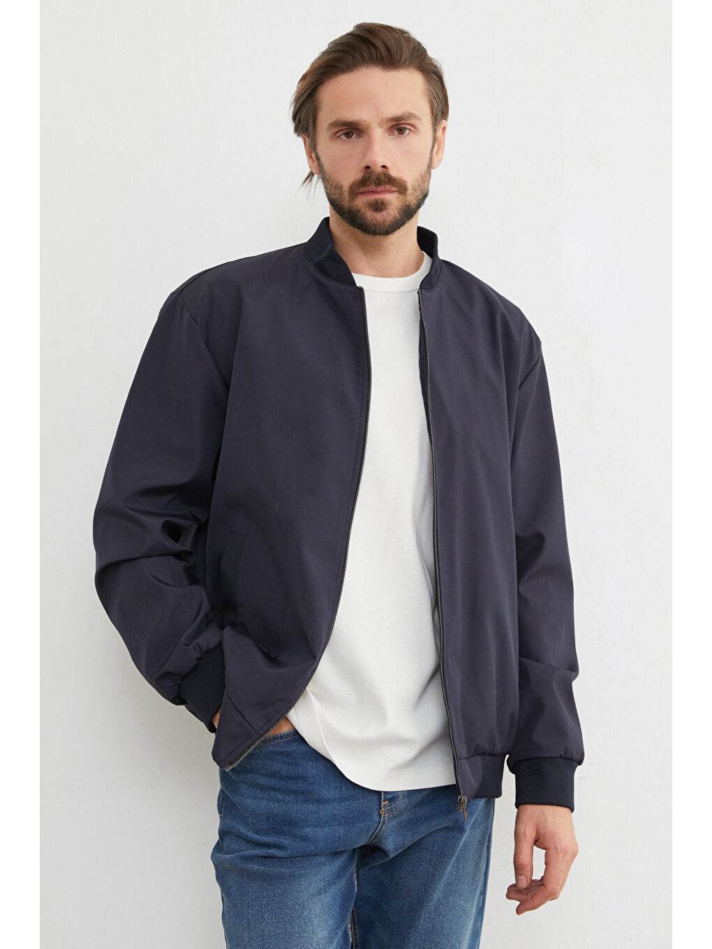 Lacivert Scuba Kumaş Fermuarlı Bomber Ceket