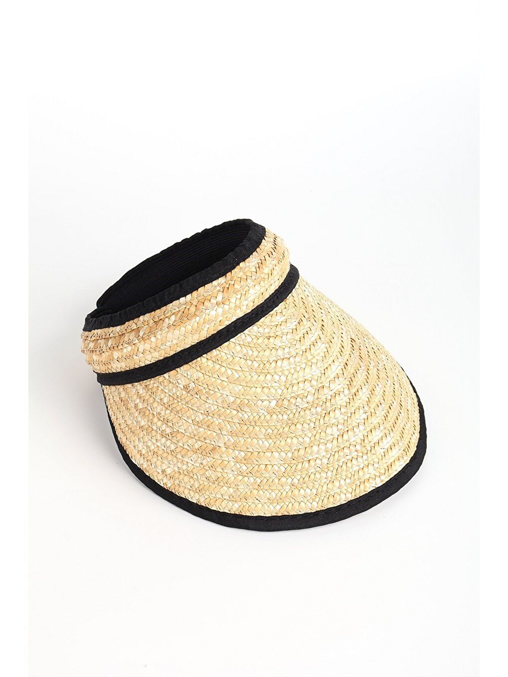 Siyah Şerit Detaylı Hasır Örme Bej Vizör Plaj Şapkası 14709-3