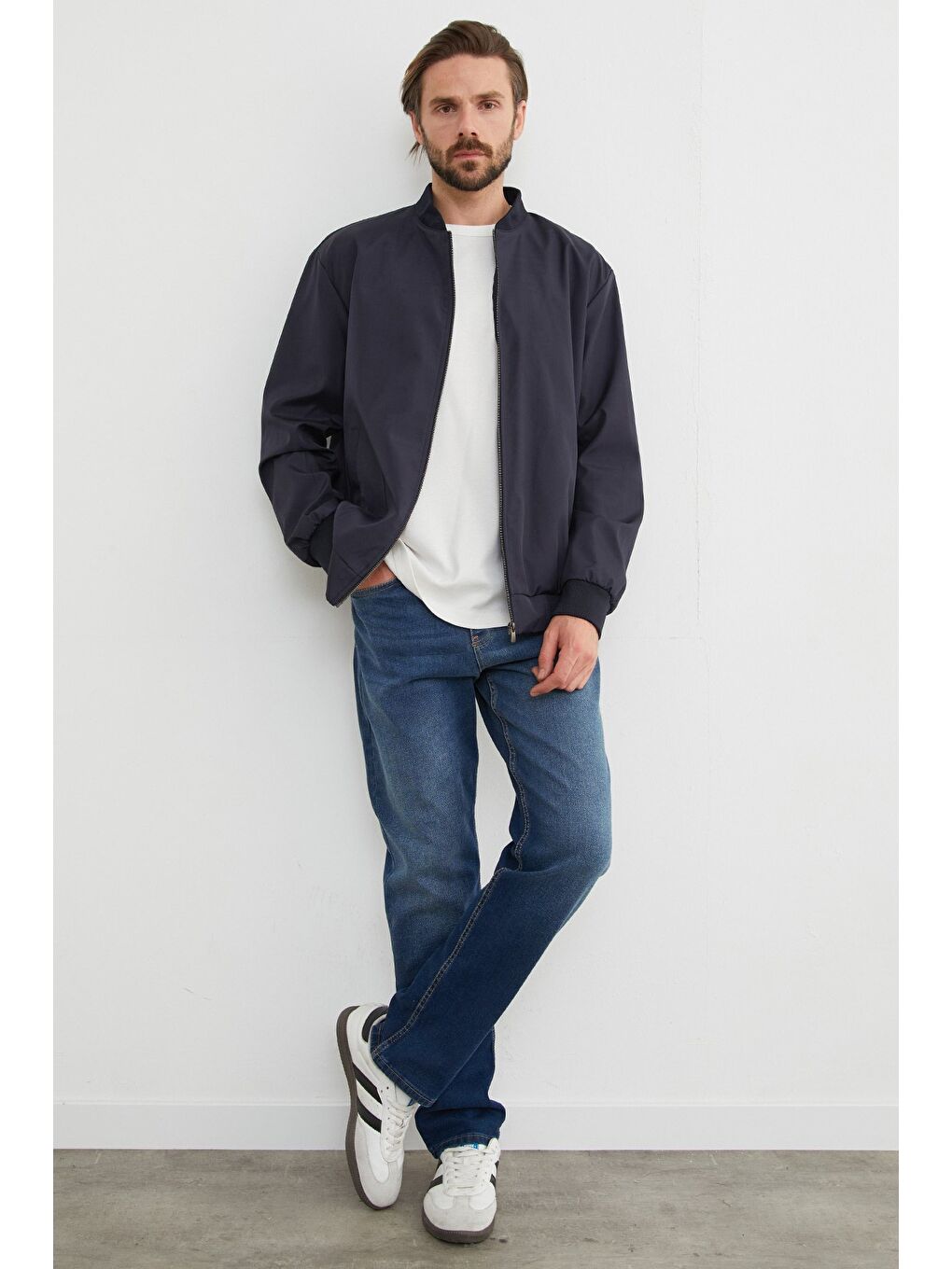 Lacivert Scuba Kumaş Fermuarlı Bomber Ceket-1