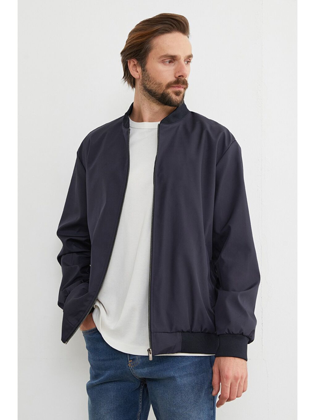 Lacivert Scuba Kumaş Fermuarlı Bomber Ceket-2